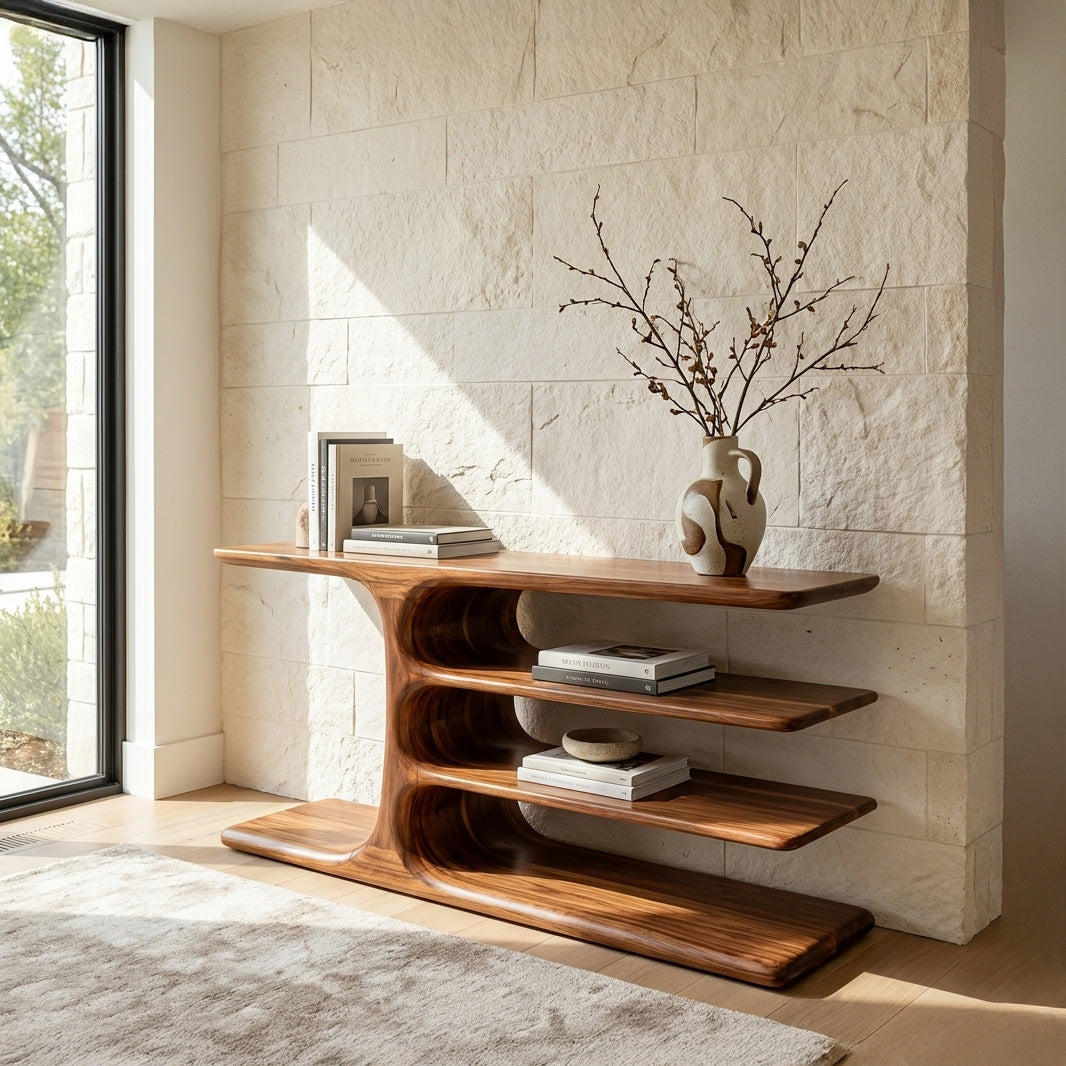 Organic Wooden Console Table With Layered Shelving For Hallway RTTHHNCS033
