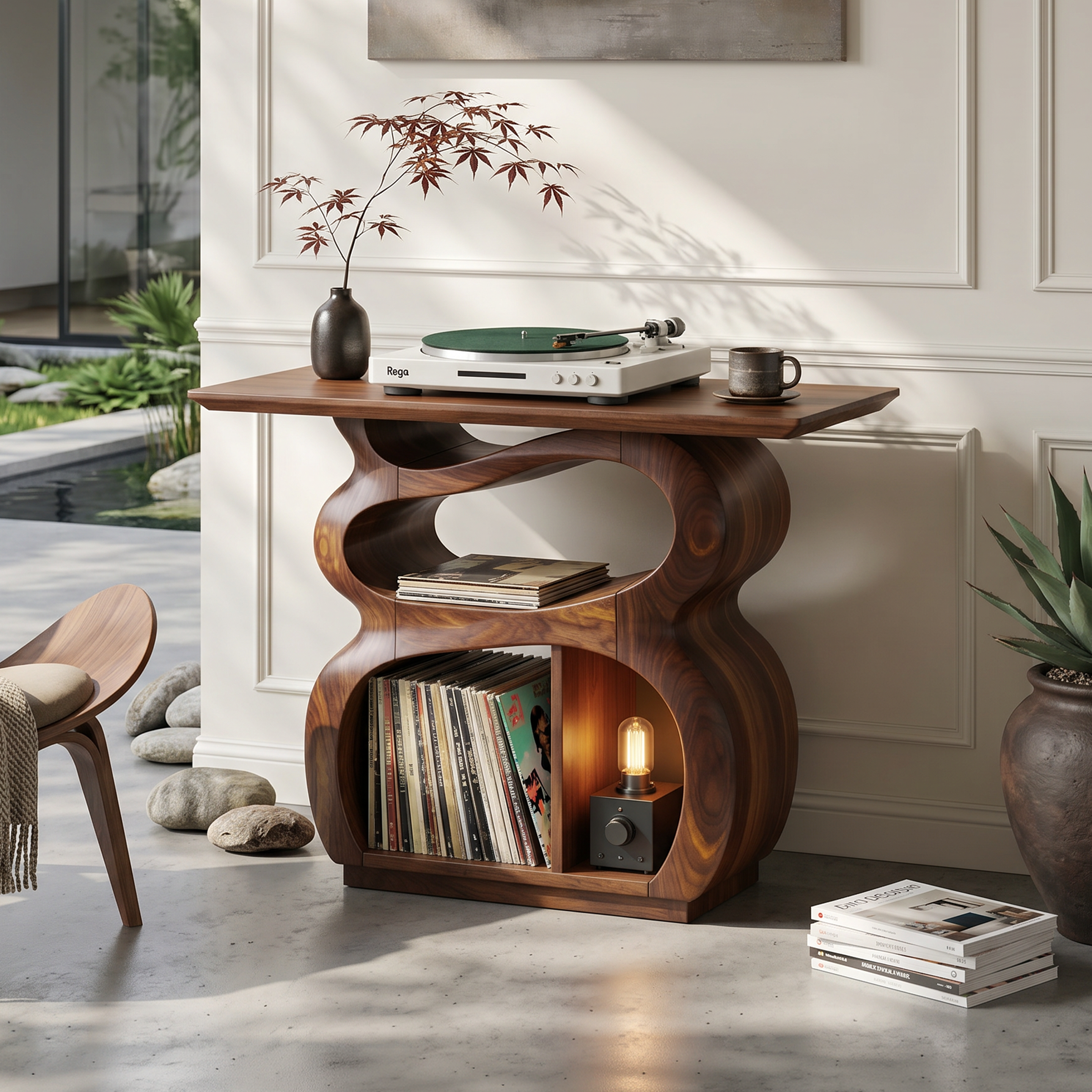 Mid Century Turntable Stand With Drawer Storage Interior SILDTTNRPT035