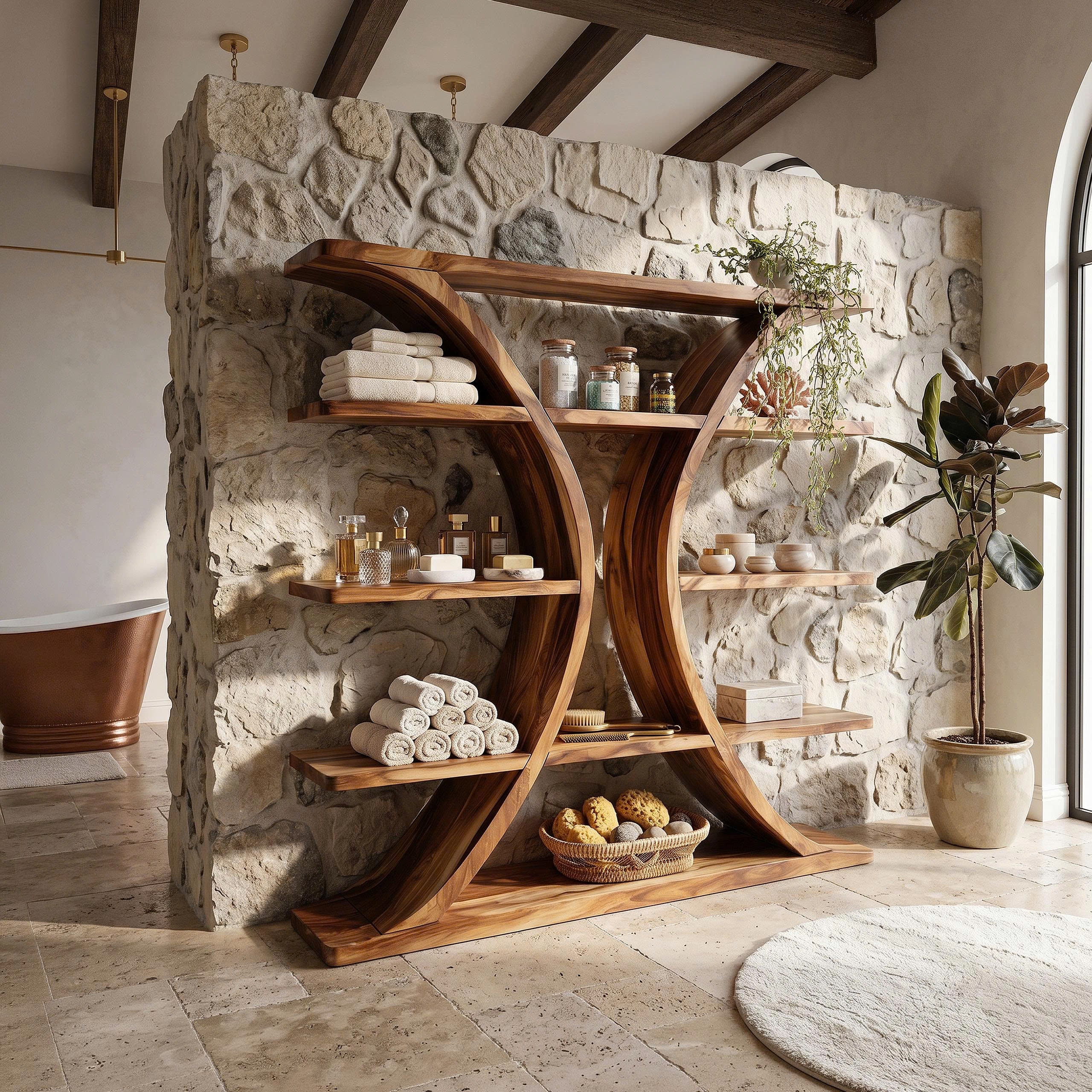 Luxury Organic Wooden Spa Shelf With Sculptural Curved Frame SILDTTRBS046