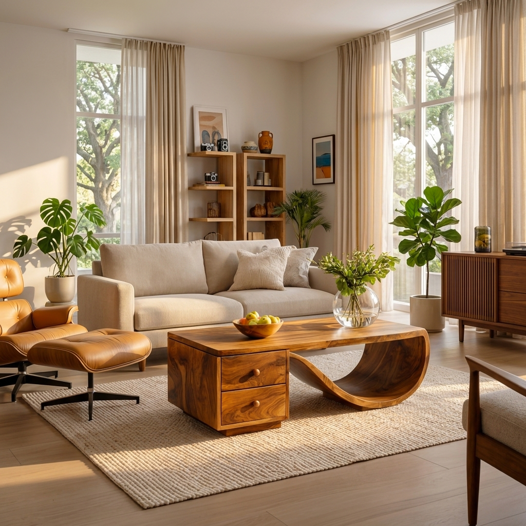 Wood Coffee Table With Unique Curved Base And Drawer For Home RTTHTTCF053