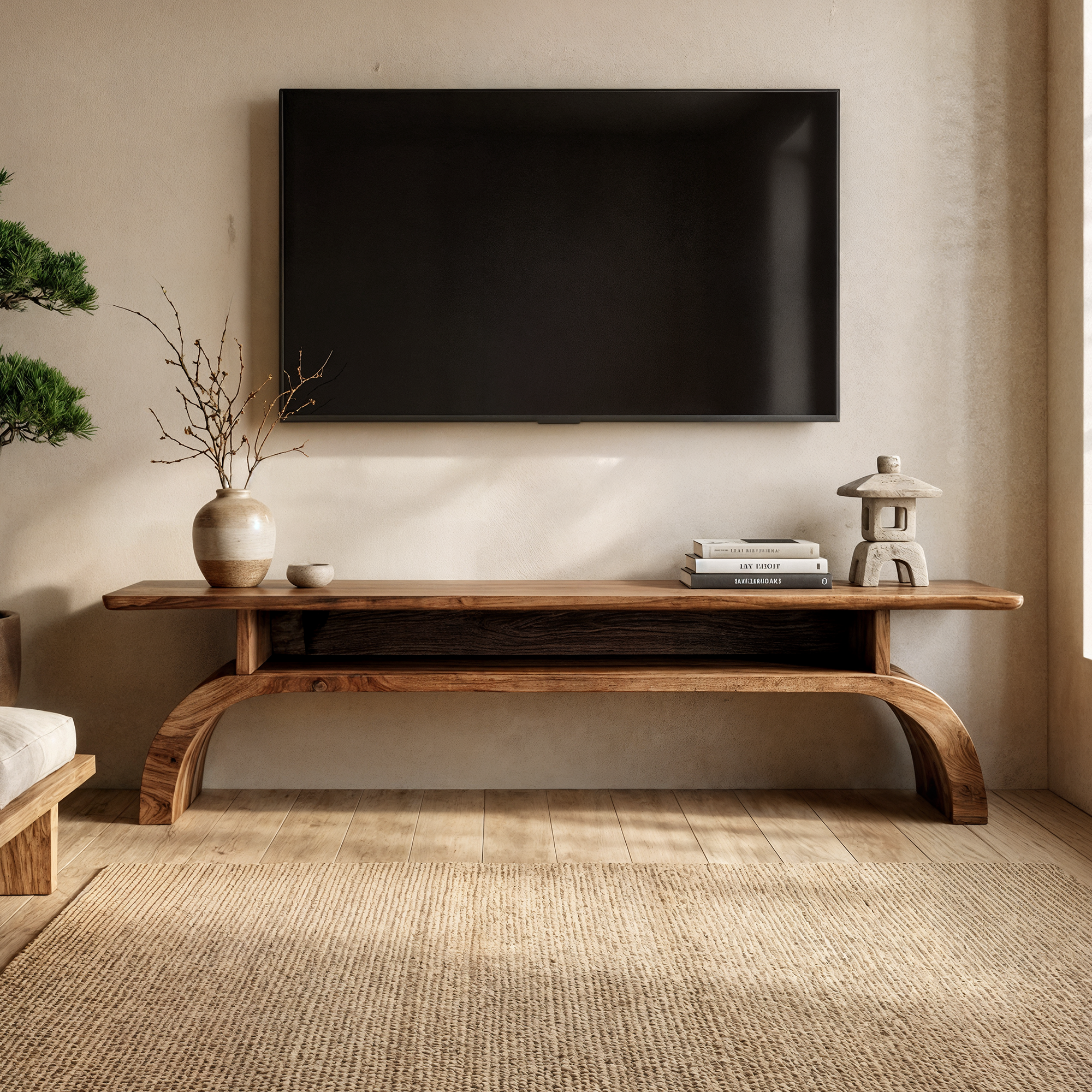 Rustic Solid Wood TV Stand Low Profile Curved Base Living Room SINLKITS008