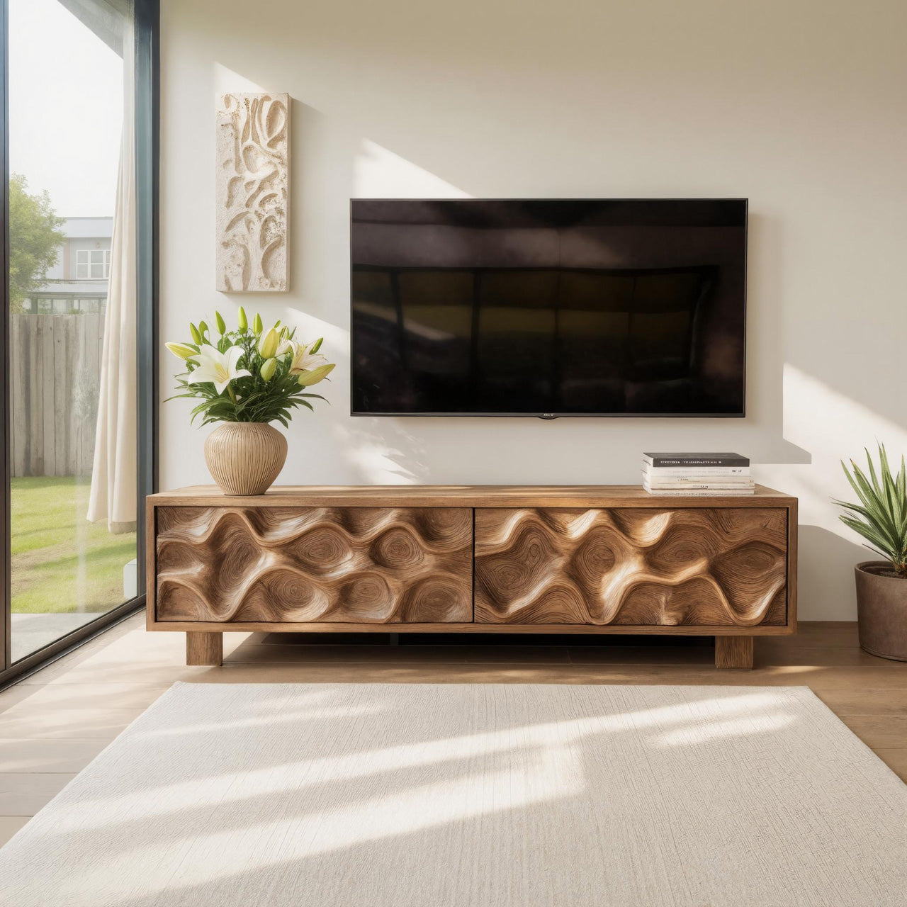 Hand Carved TV Stand With Wave Design For Living Room SITHHNTVC005