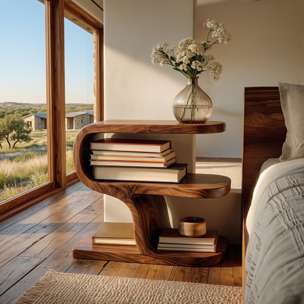 Wooden Nightstand With Sculptural Tier For Cozy Bedroom RTTHTTNS045