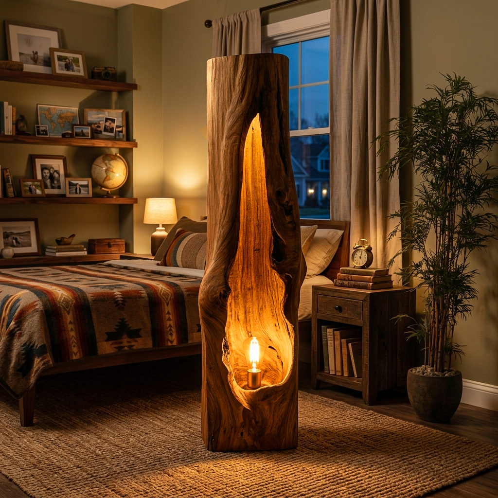 Rustic Wooden Floor Lamp Sculptural Design For Cozy Bedroom RTTHTTLAM047