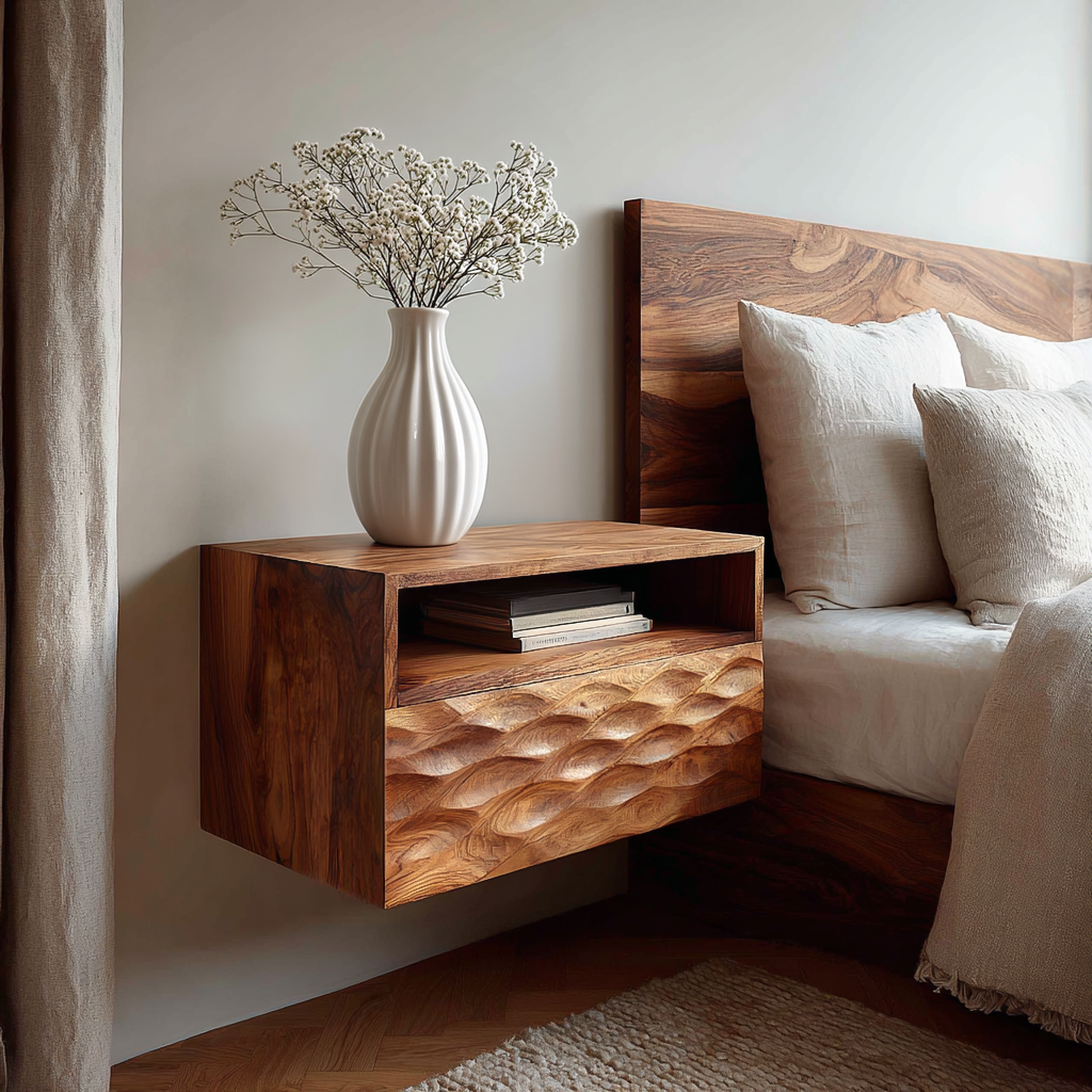 Modern Wooden Wall Mounted Nightstand With Open Shelf For Bedroom RTTHTTNS029