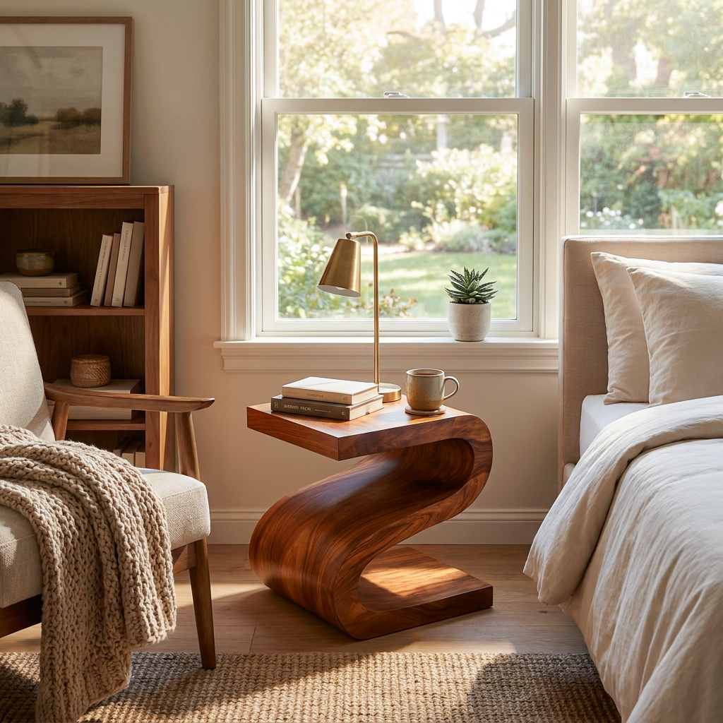 Artistic Wooden Nightstand With Undulating Shape For Bedroom RTTHTTNS021