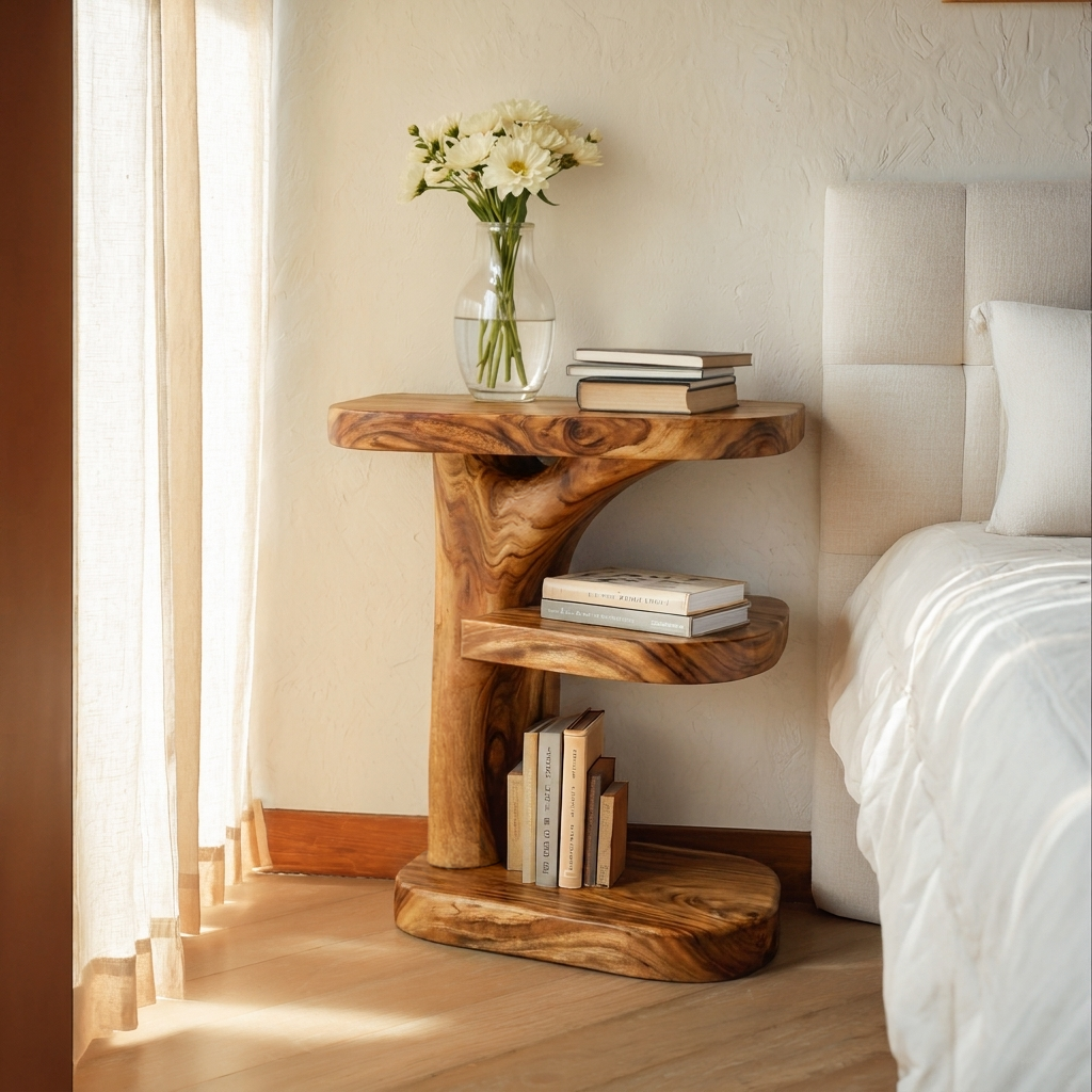 Organic Wooden Nightstand With Storage Shelf For Bedroom RTTHTTNS033