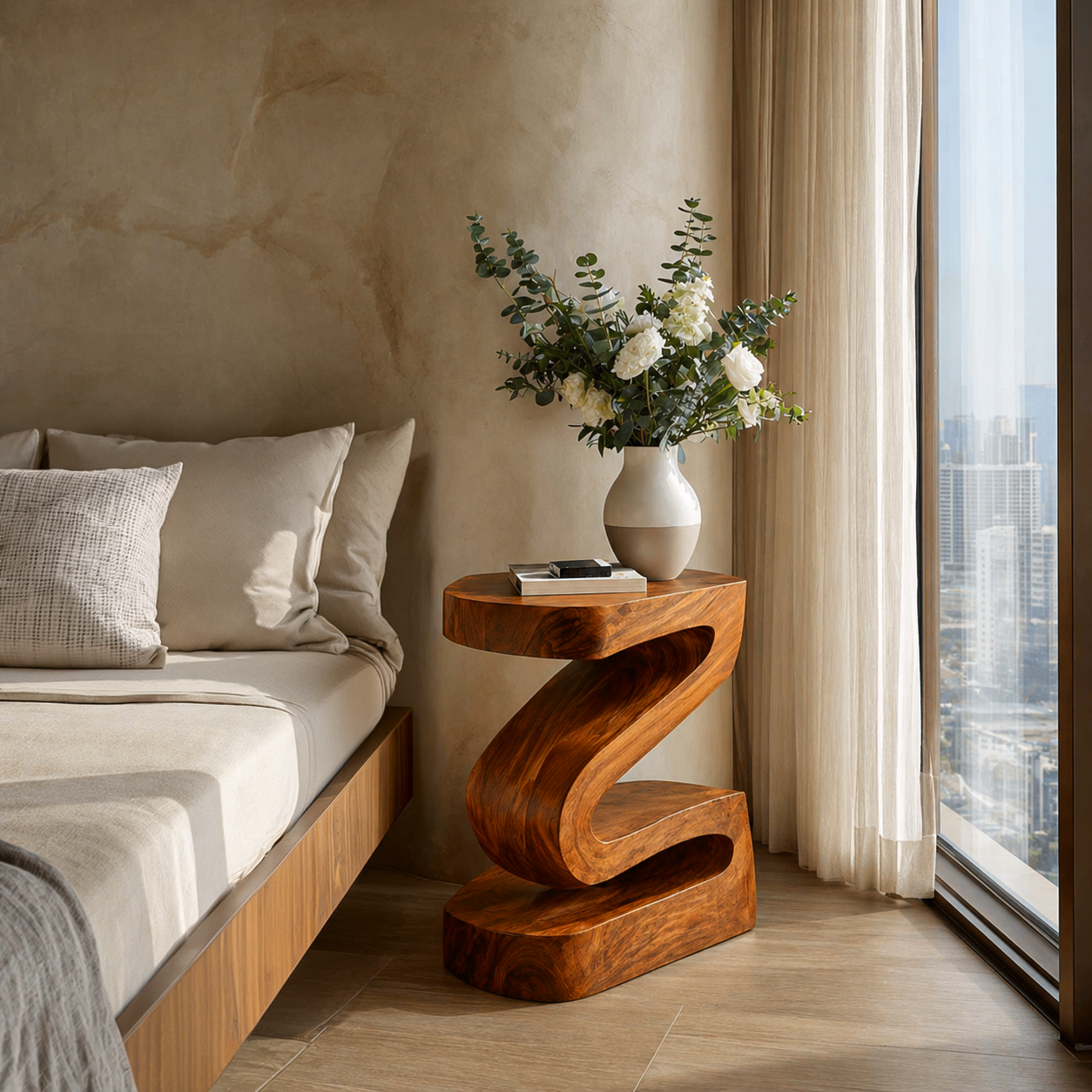 Elegant Natural Wood Nightstand With Curved Form For Bedroom RTTHTTNS023