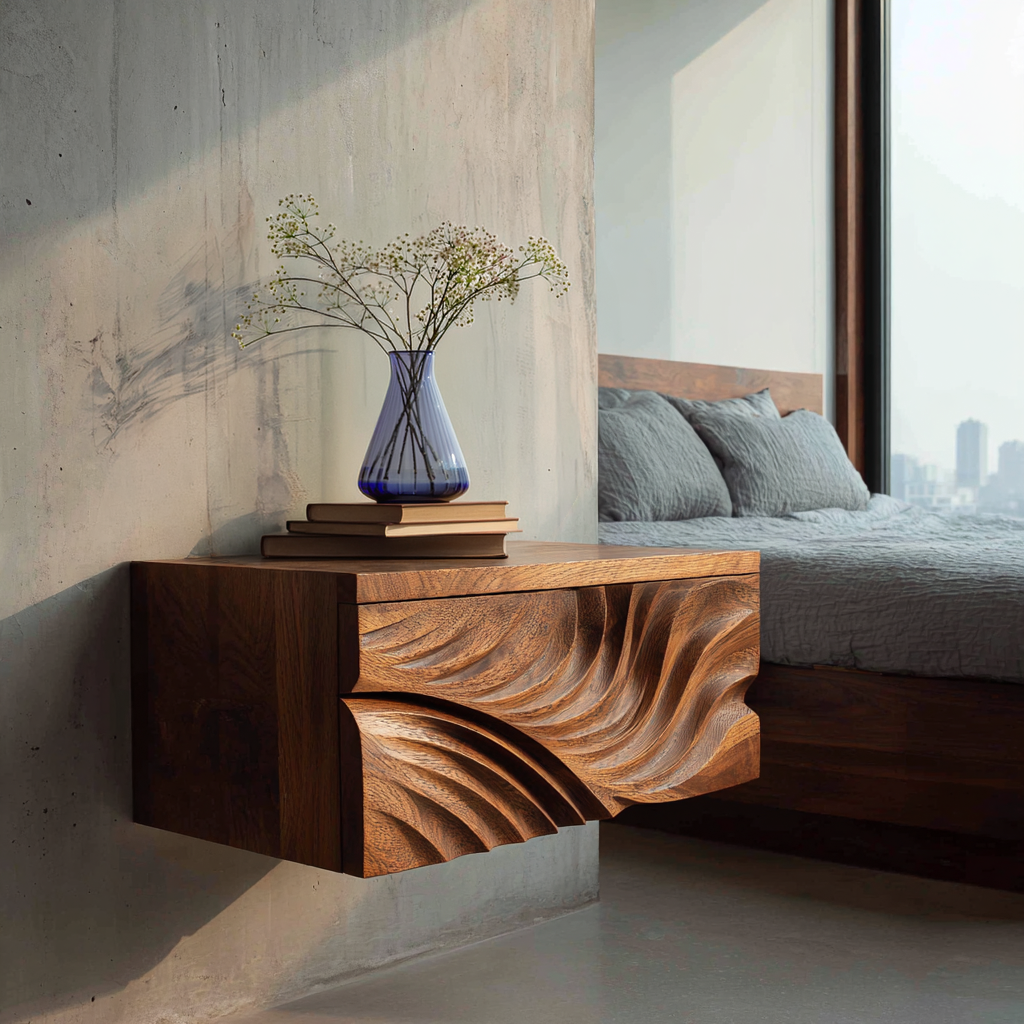 Elegant Wooden Floating Nightstand With Carved Front For Bedroom RTTHTTNS031