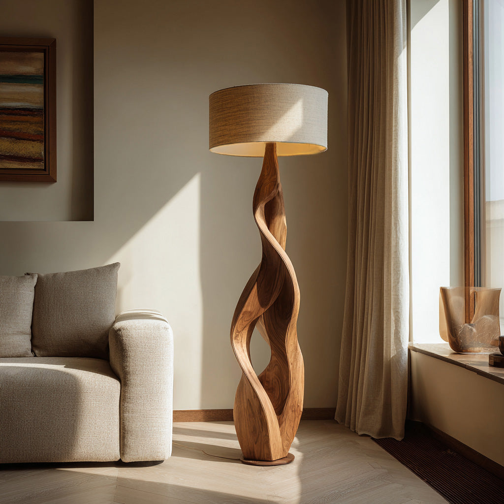 Sculptural Wooden Floor Lamp With Fabric Shade For Bedroom RTTHHNLAM064