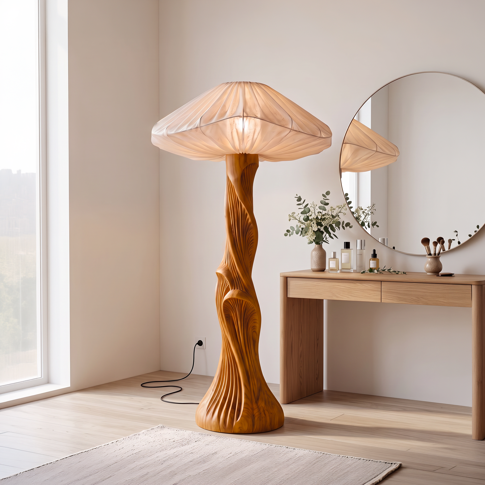 Contemporary Floor Lamp Carved Wood  Mushroom Shade Pedestal Lounge SINLSAFLP134