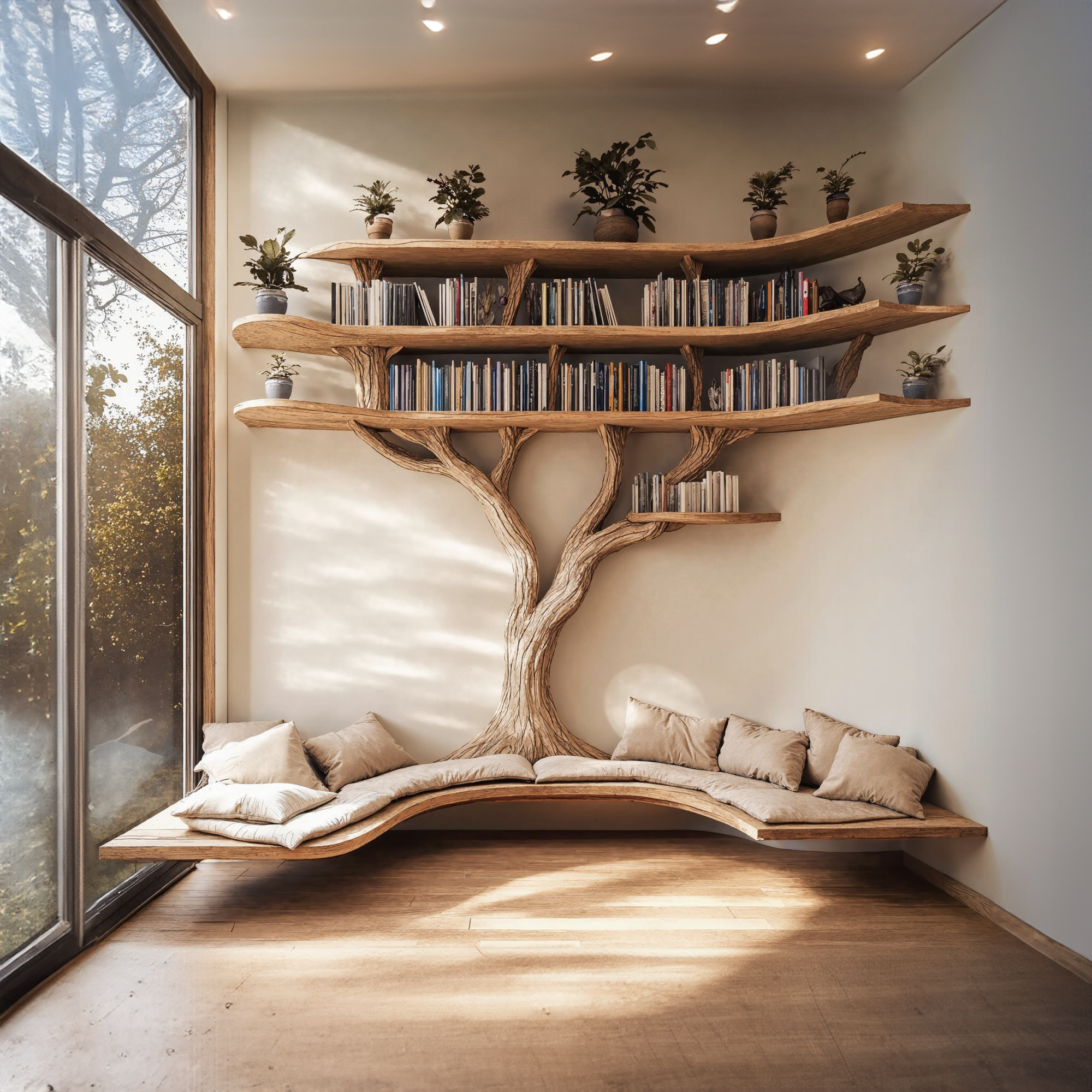 Driftwood Branch Tree Bookshelf With U Shaped Bench Custom Corner Bench SINLTB105