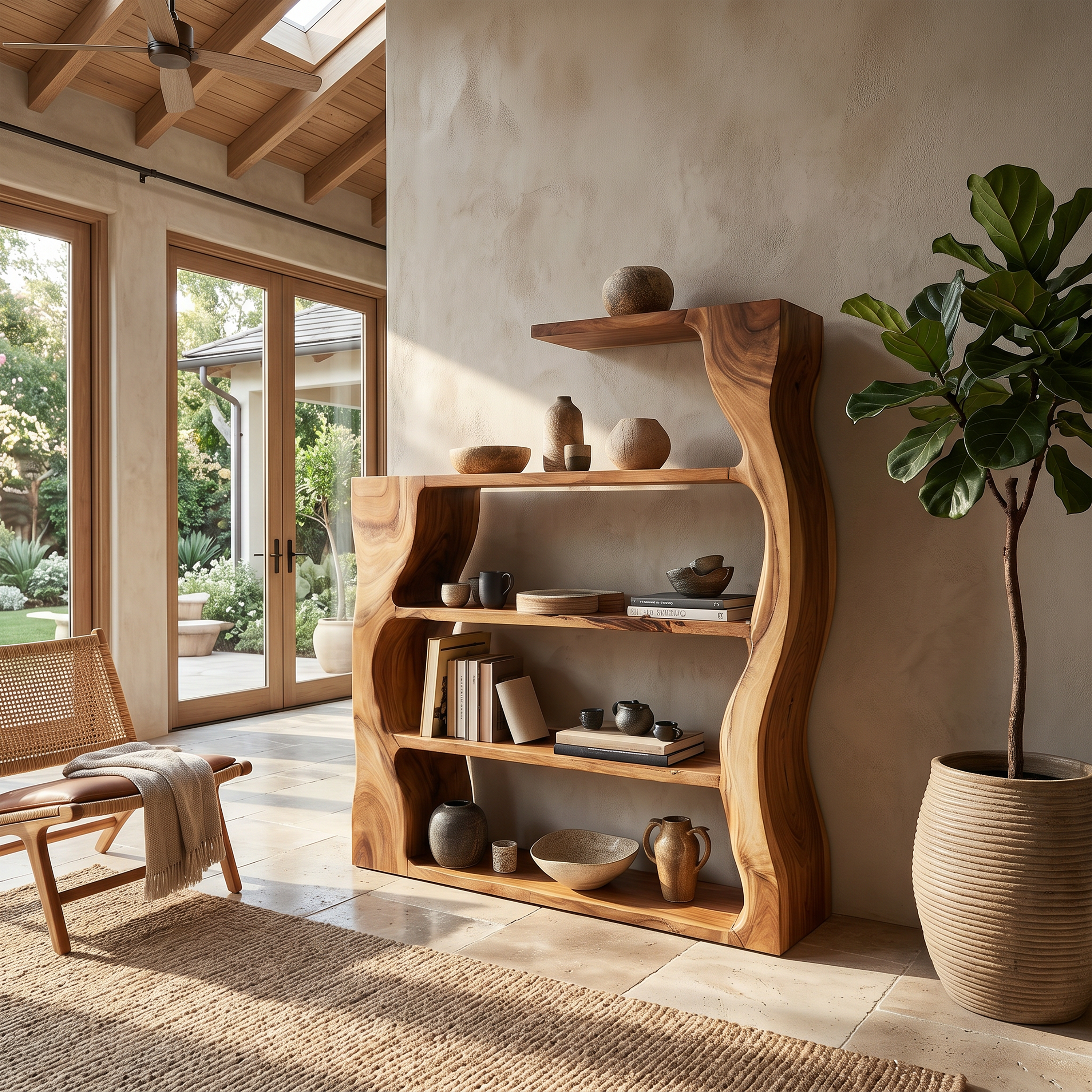 Organic Modern Wooden Bookshelf With Asymmetrical Curved Profile SILDTTRBS054