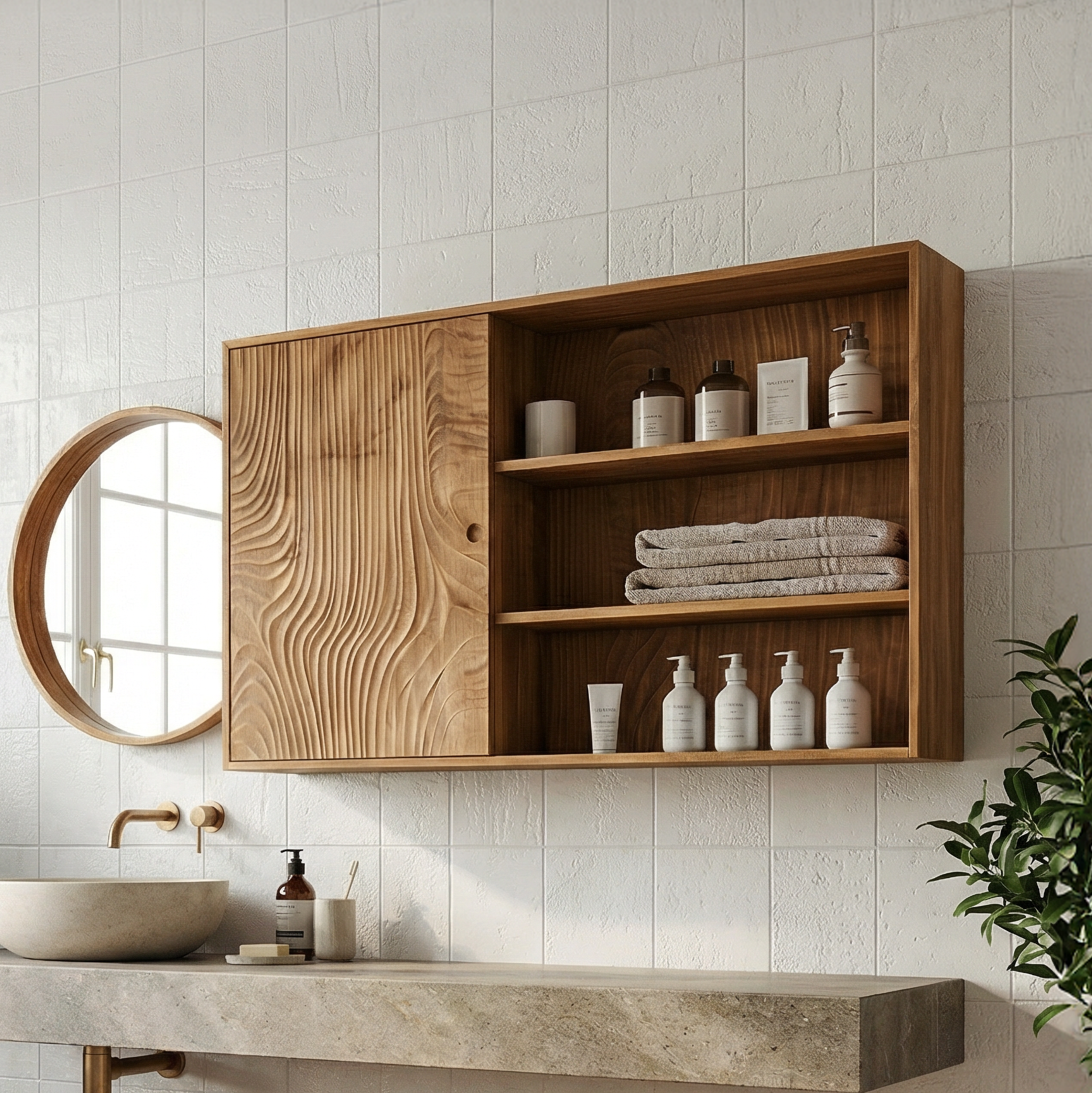 Natural Bathroom Cabinet With Storage Solid Wood For Bathroom Space SINLSABCT014