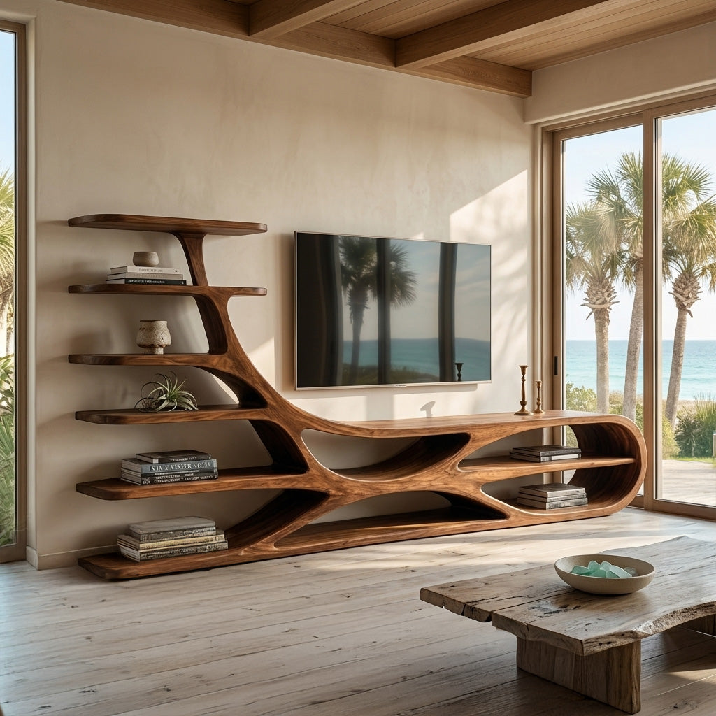 Organic Natural Wood TV Stand With Floating Shelves For Home RTTHHNTVC096