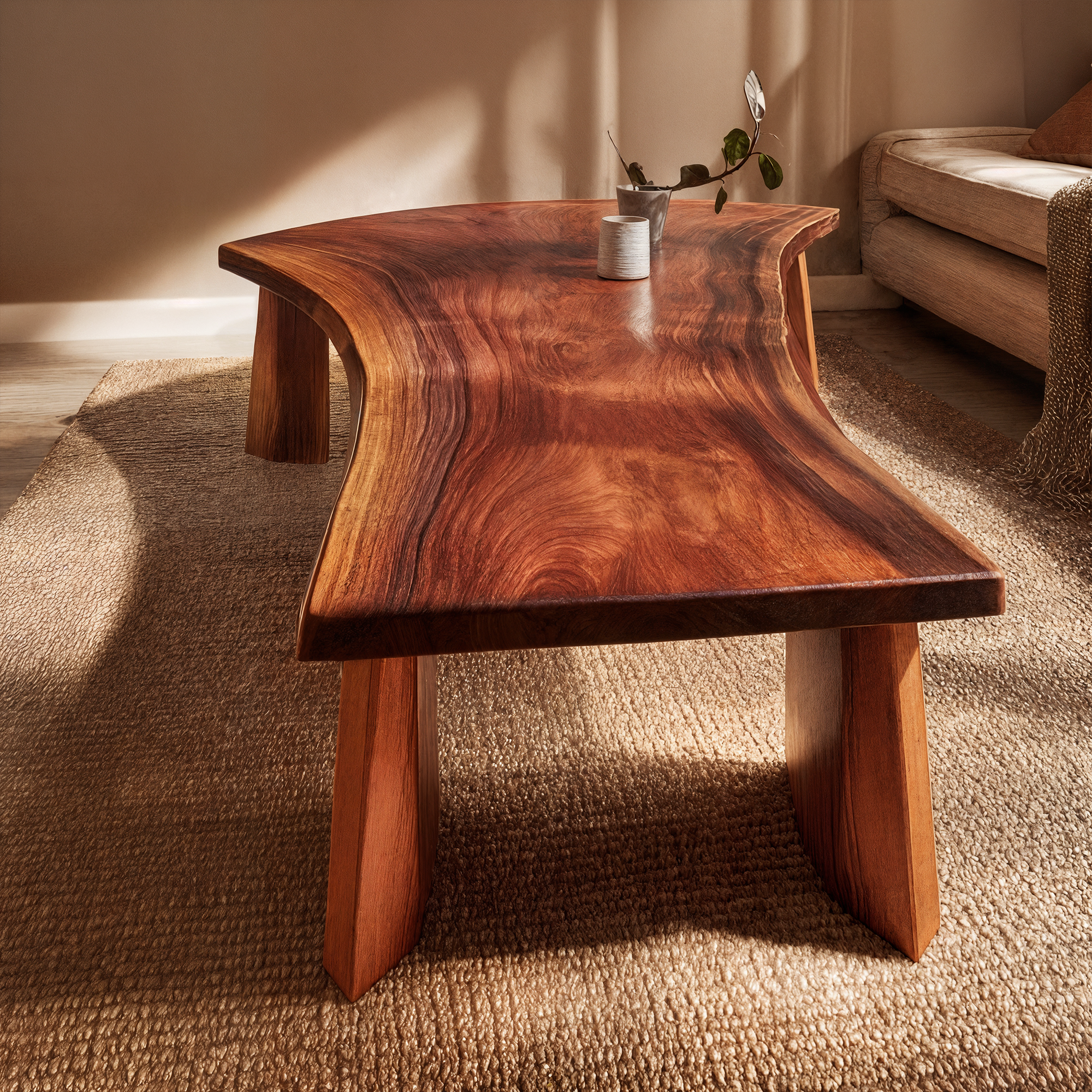Natural Slab Coffee Table Solid Wood Live Edge A Shape Structure Living Room SINLKICF344