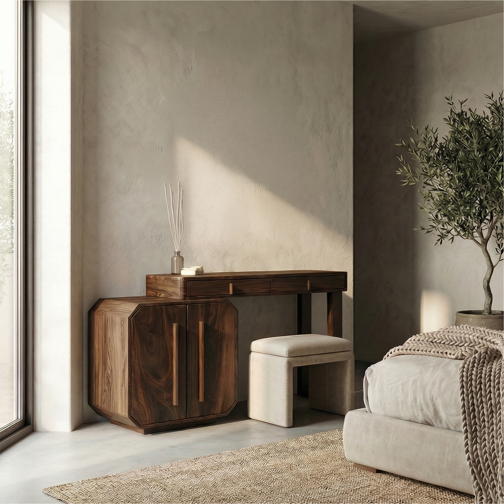 Contemporary Dressing Table With Storage Cabinet Sculptural Design For Bedroom SINLSABDT053