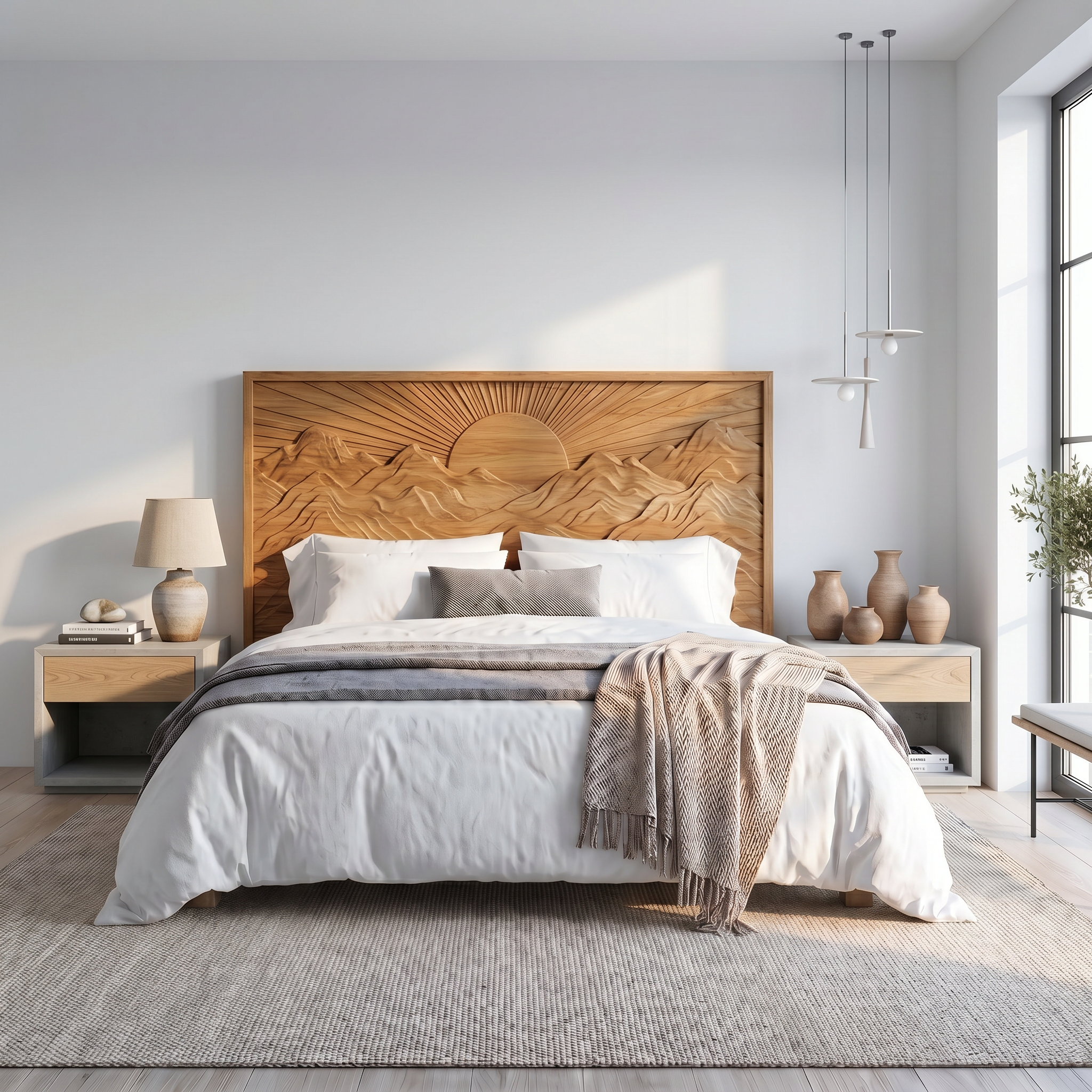 Mid Century Sunrise Headboard Wooden Bed Headboard For Bedroom SINLSAHB054