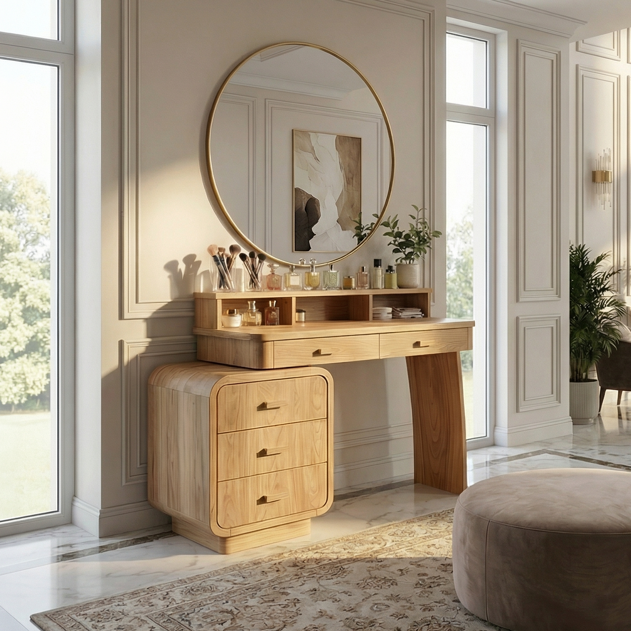 Mid Century Dressing Table With Storage Cabinet Soft Rounded Design For Bedroom SINLSABDT055