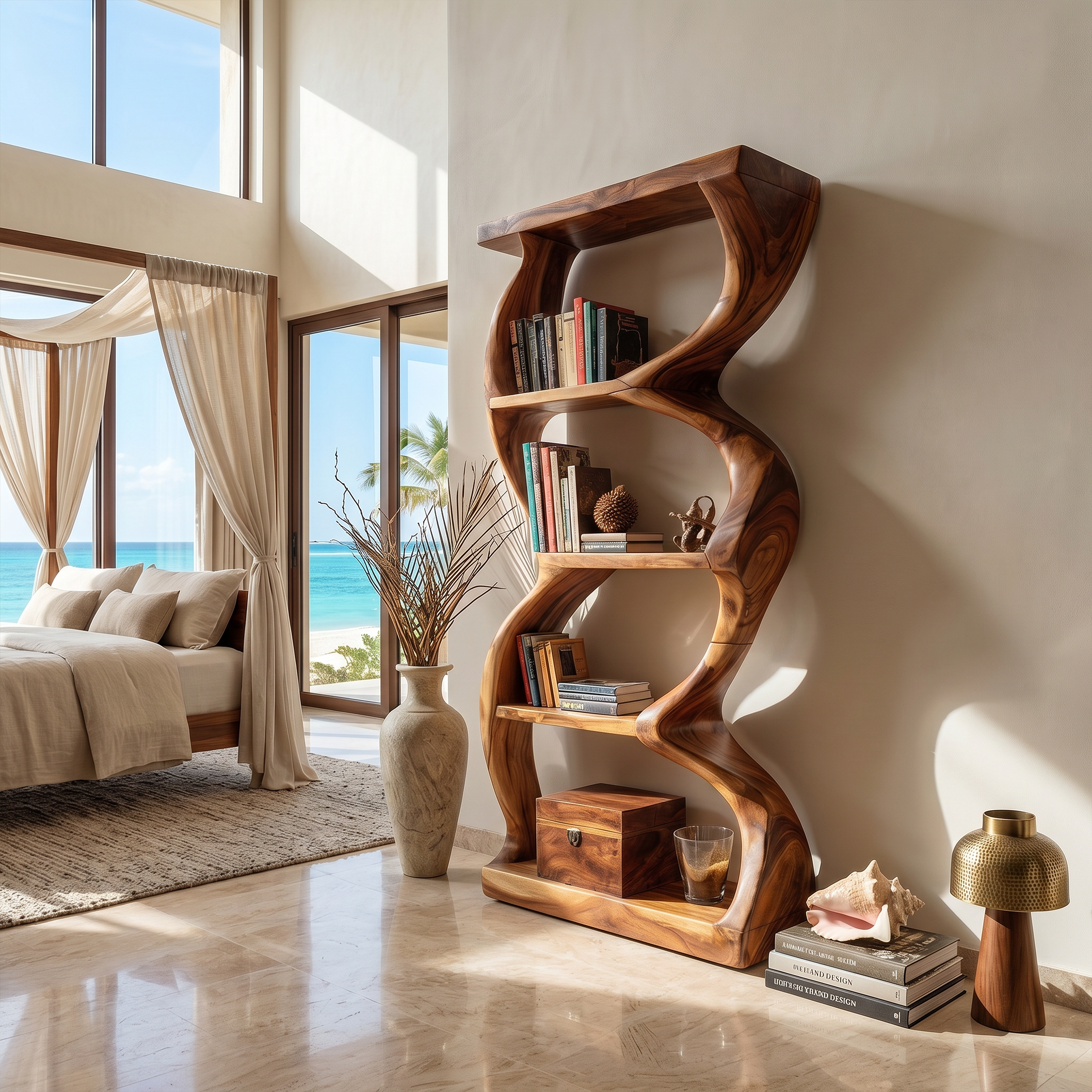 Coastal Inspired Curved Wooden Bookcase With Organic Form SILDTTRBS051