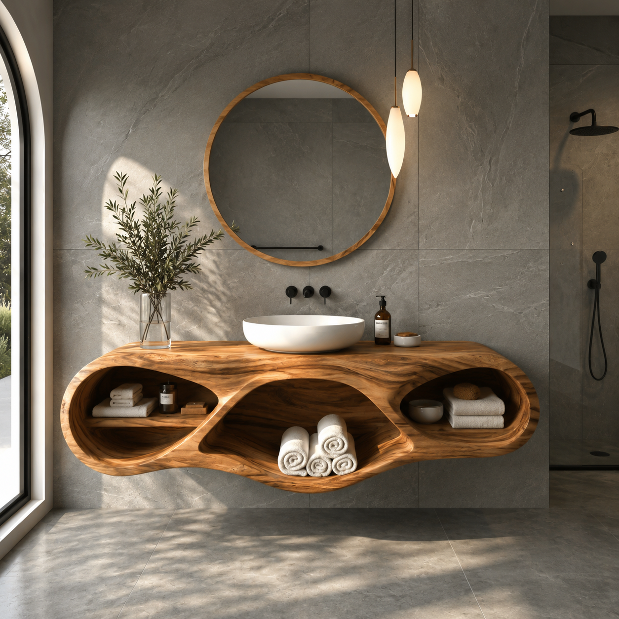 Organic Bathroom Vanity With Oval Open Shelves For Spa Bathroom RTTHTTBRV024