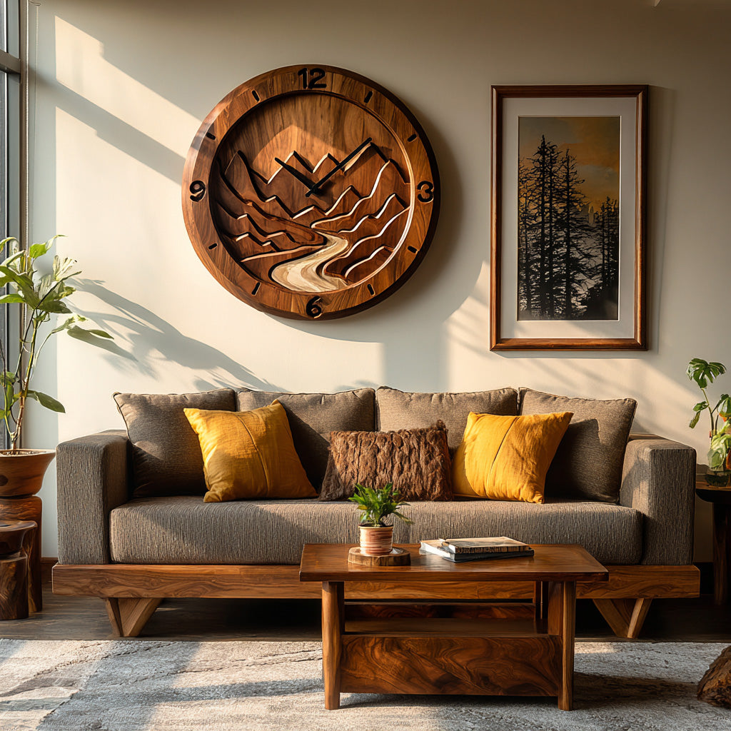Rustic Wood Wall Clock Mountain Landscape Decor For Living RTTHHNWAC015