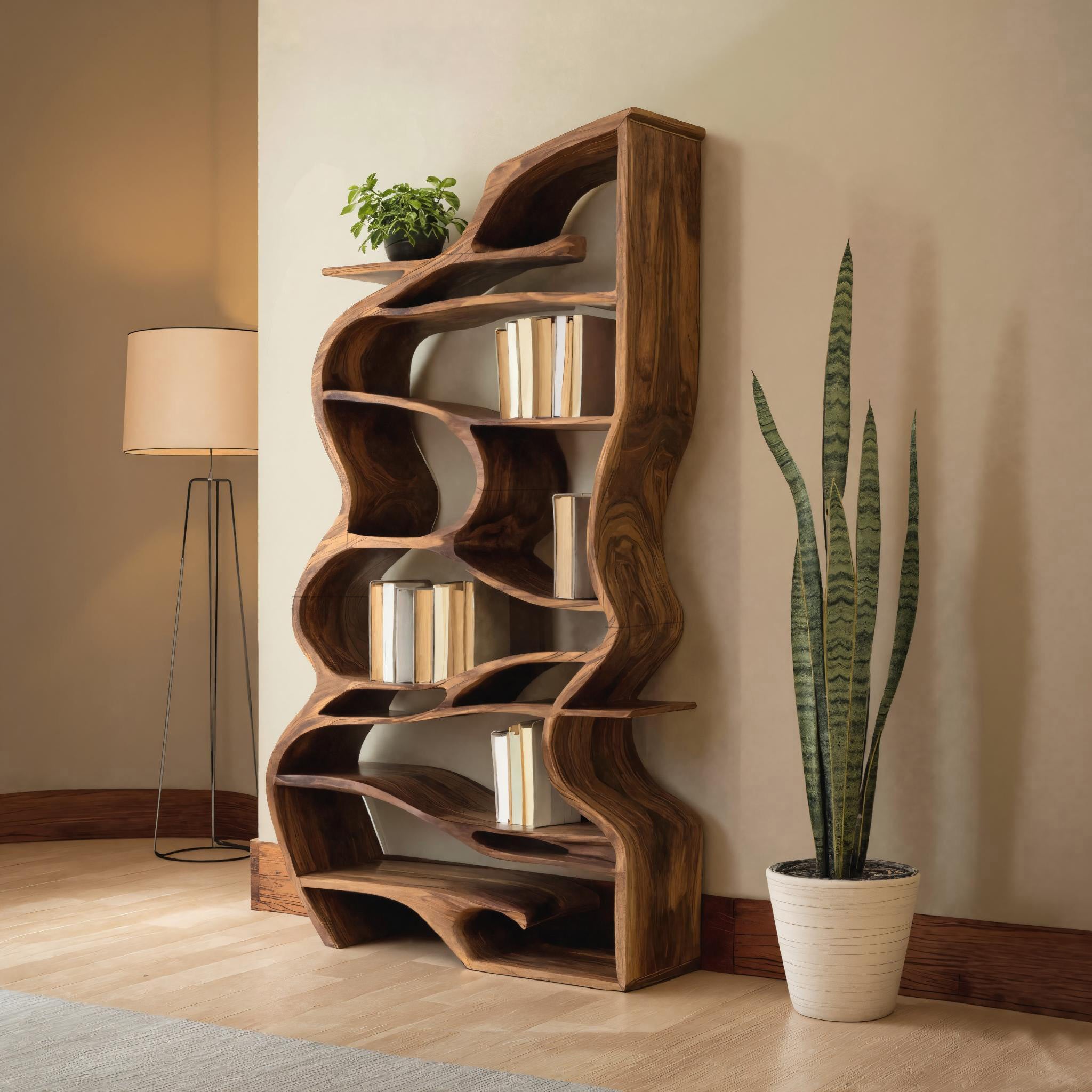 Handcrafted Sculpted Bookshelf With Organic Design For Living Room Or Office SITHHNBS031