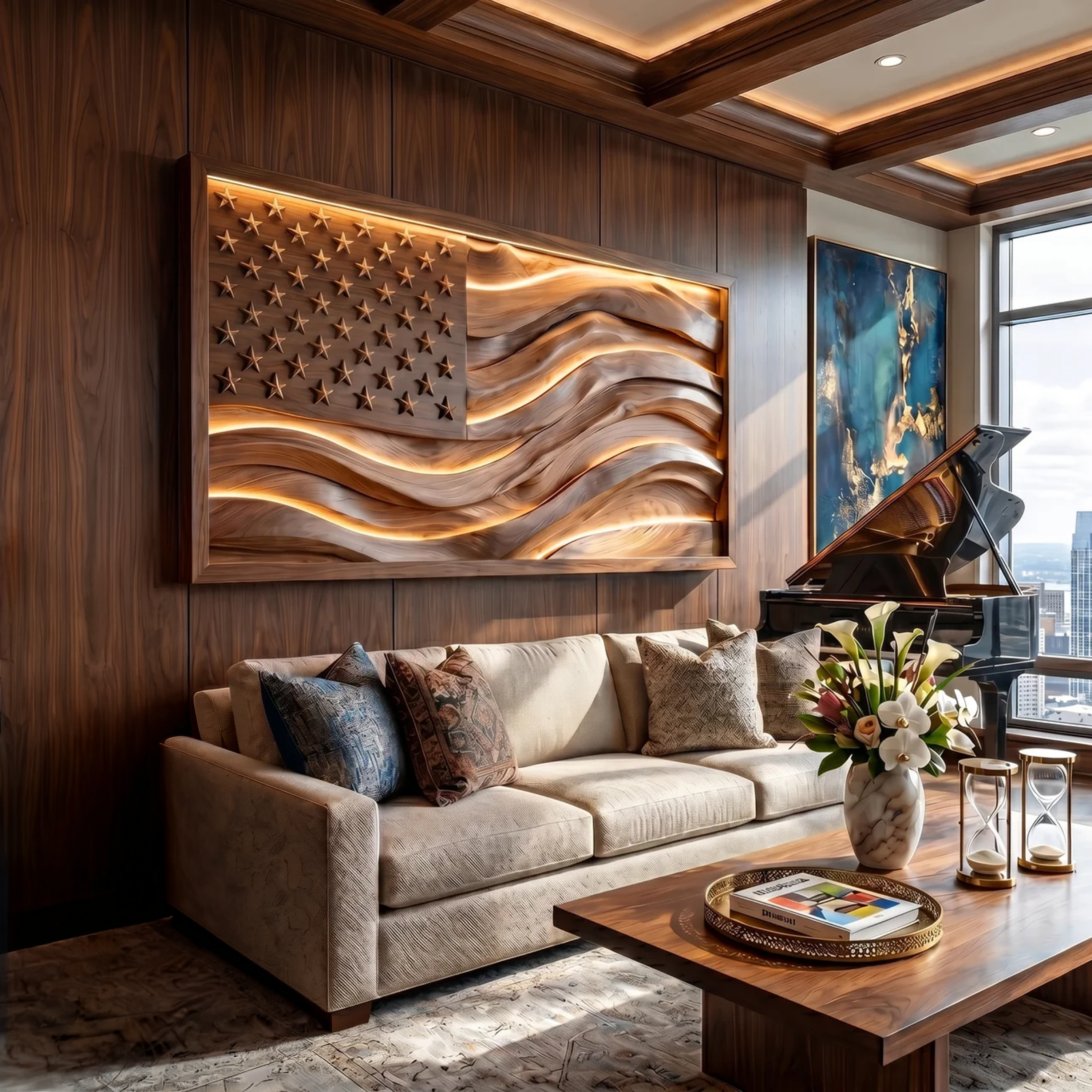 Illuminated American Flag Wood Wall Art Elegant Office Interior Decor SILDTTRWA111