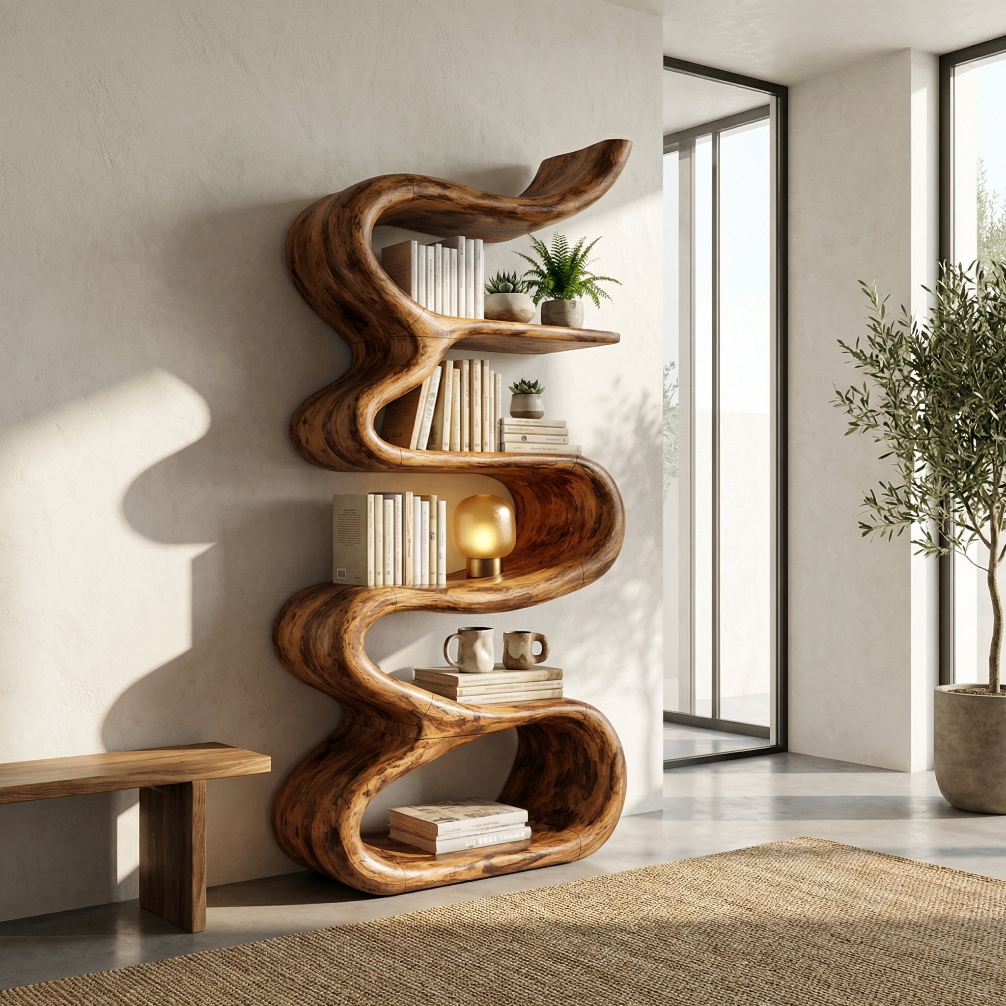Contemporary Wave Bookshelf Solid Wood Artistic Curved Form Living Room SINLHATB711