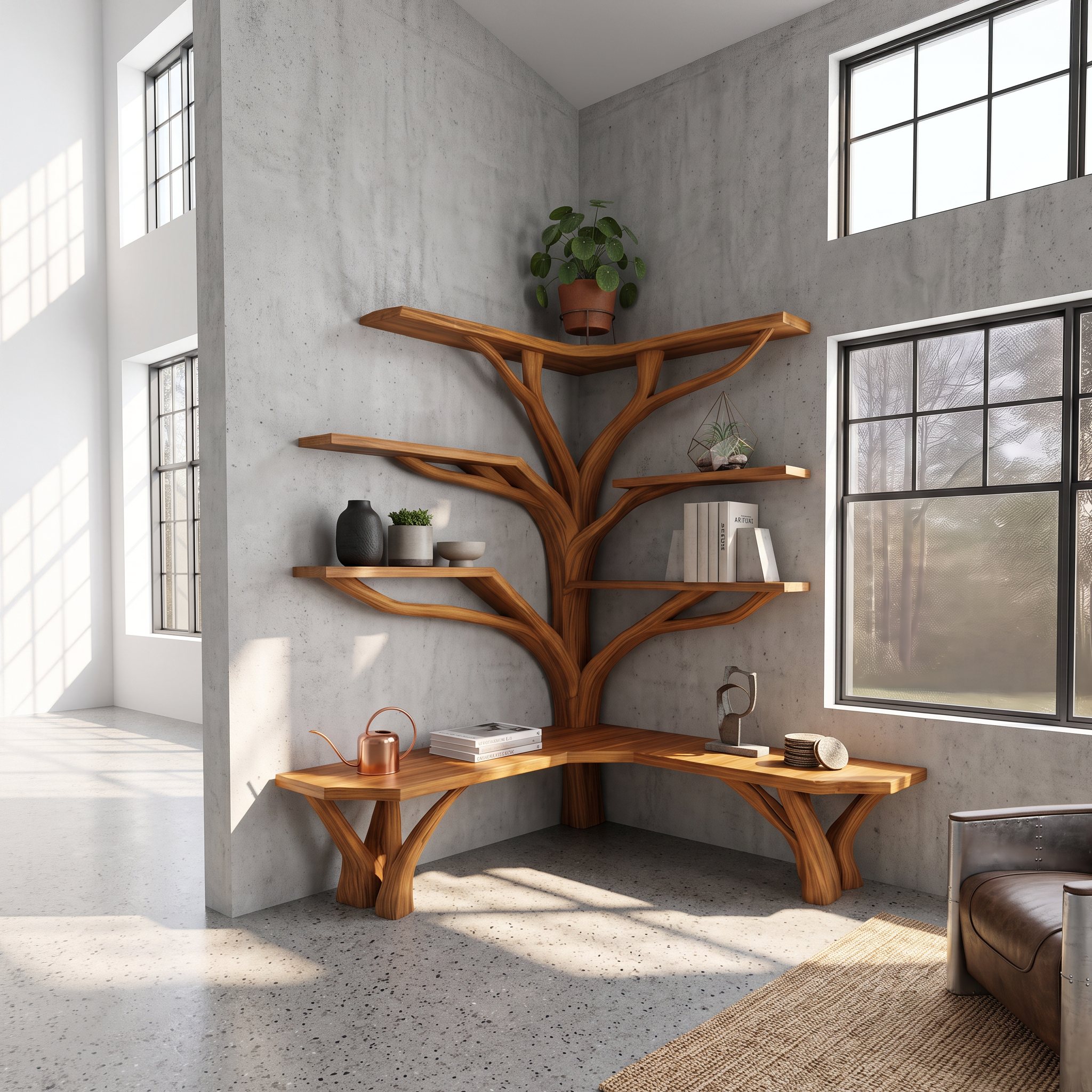 Rustic Corner Tree Shelf Reading Nook SINLSATB228