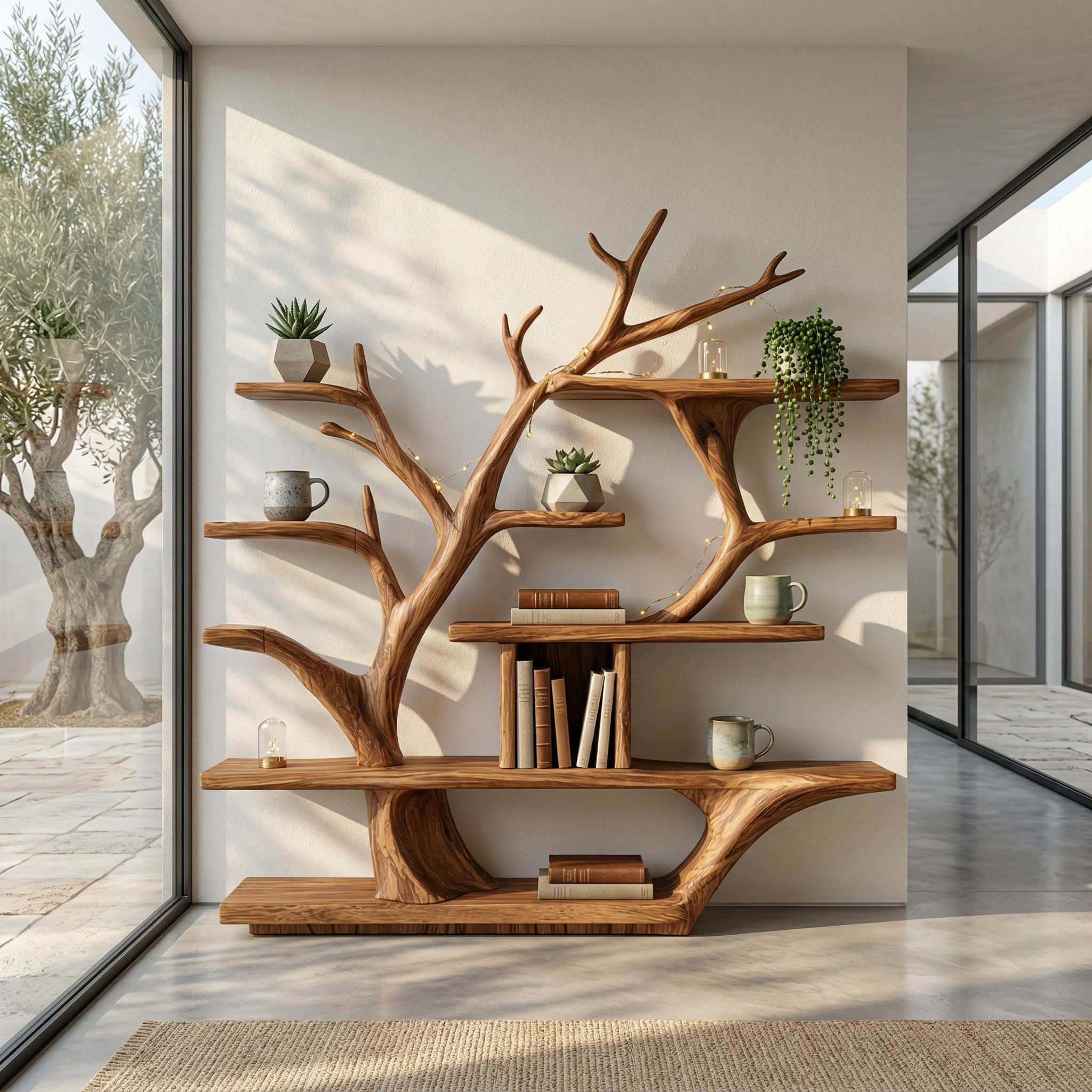 Modern Organic Tree Bookshelf Solid Wood Branch Design Living Room SINLHATB712