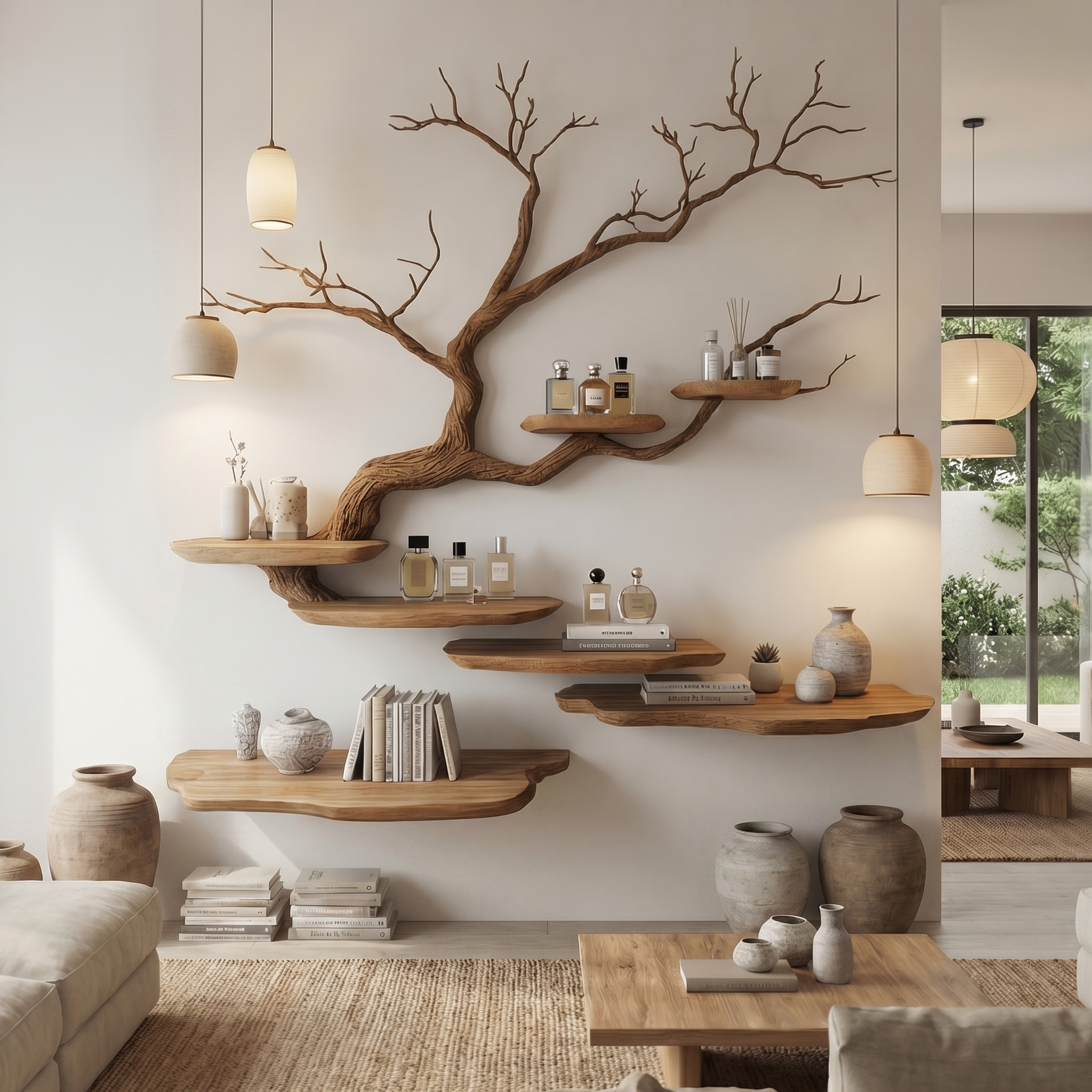 Rustic Tree Branch Wall Mounted Bookshelf For Living Room And Bedroom Space SINLHATB713