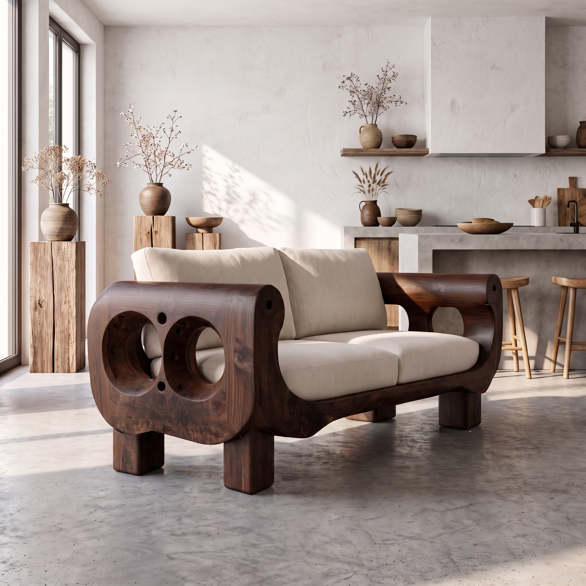 Rustic Sofa Frame With Handcrafted Sculptural Wood Design For Living Room SINLSASF039
