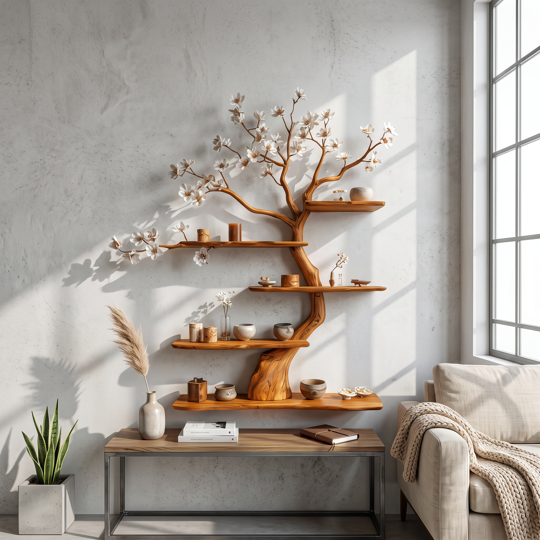 Rustic Wooden Tree Shelf Solid Wood Wall Accent Home Decor SINLSATBS077
