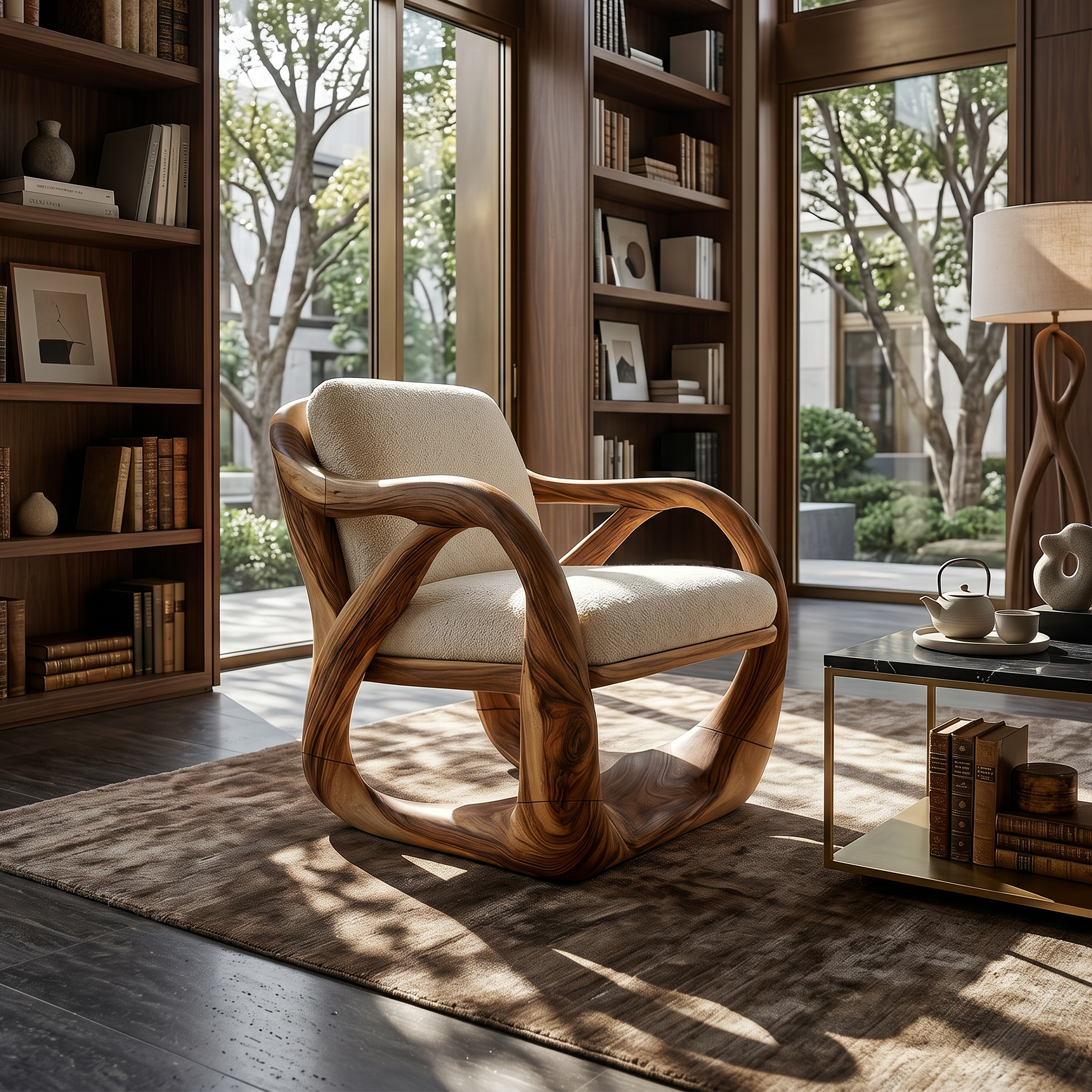 Sculpted Walnut Lounge Chair in a Grand Luxury Living Space SILDTTRCHR021