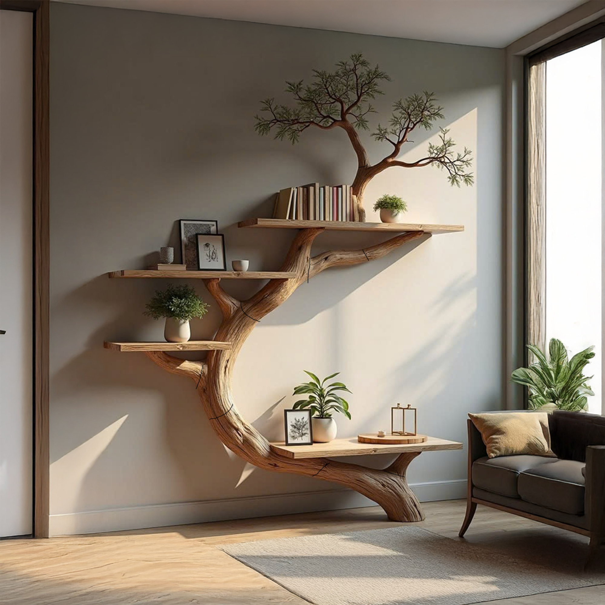 Rustic Tree Bookcase Floating Shelf Decoration Living Room SINLTB129