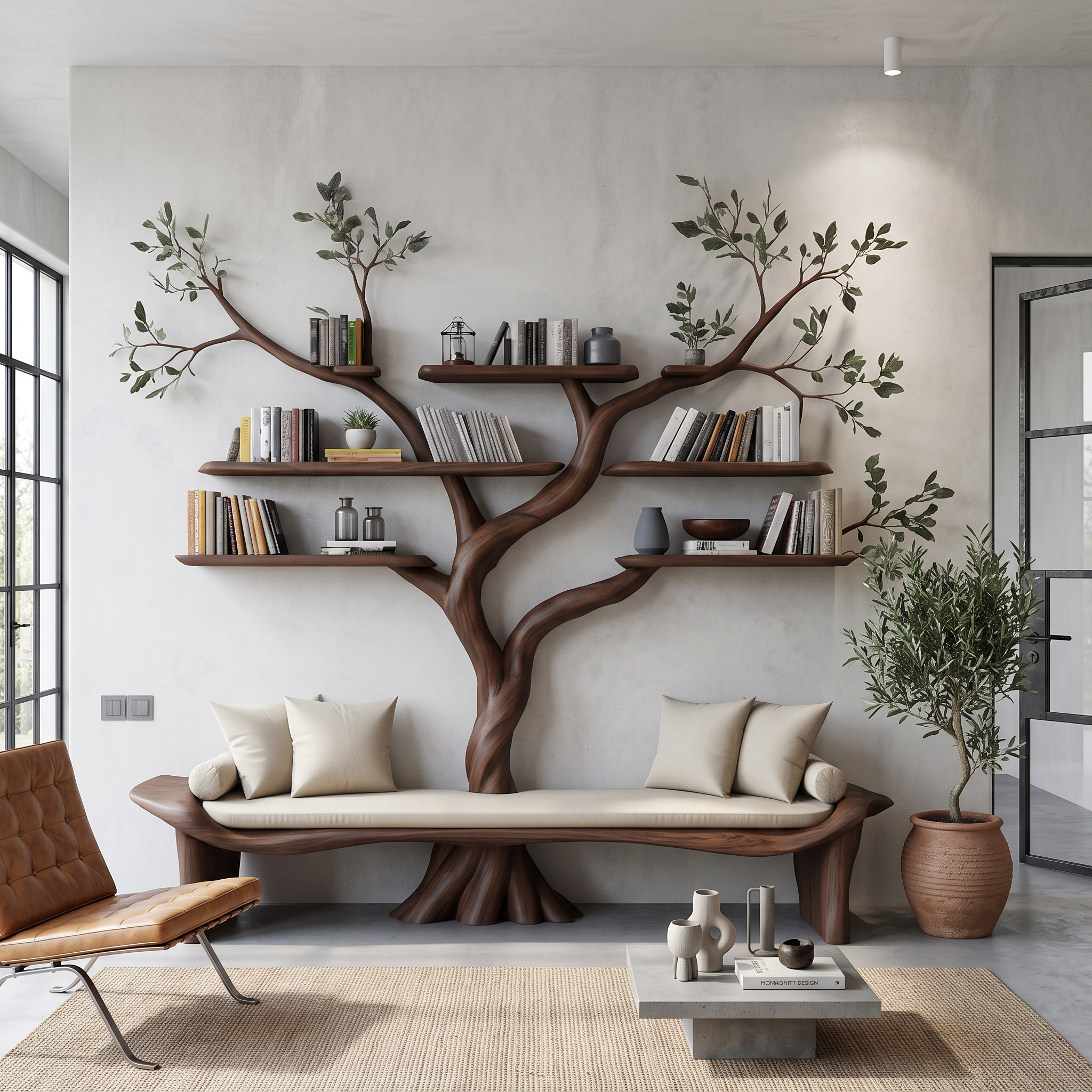 Rustic Sculptural Tree Bookshelf Bench Living Room Interior Statement Furniture SINLSATB644