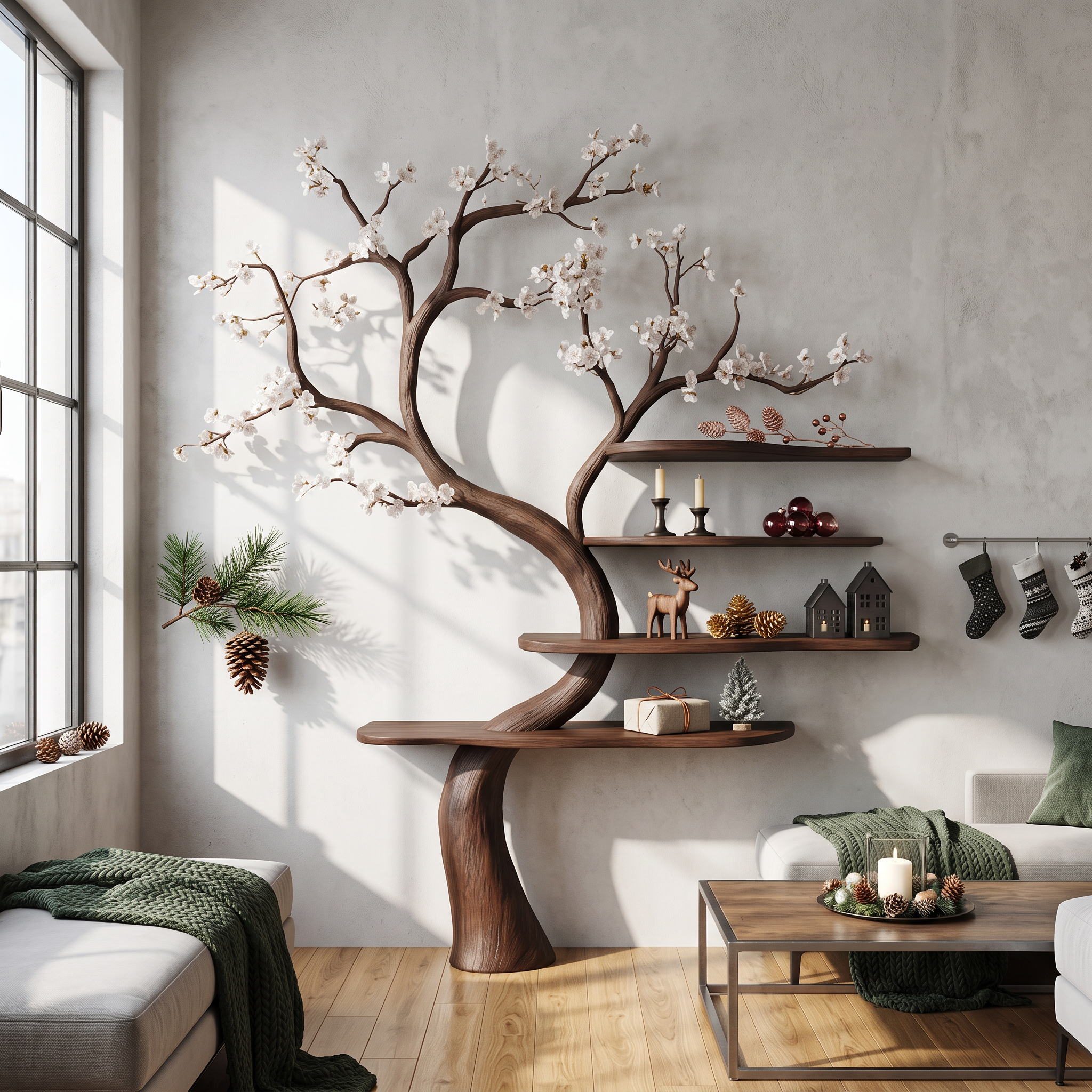 Rustic Natural Tree Bookshelf Living Room Interior Artistic Decor SINLSATB585