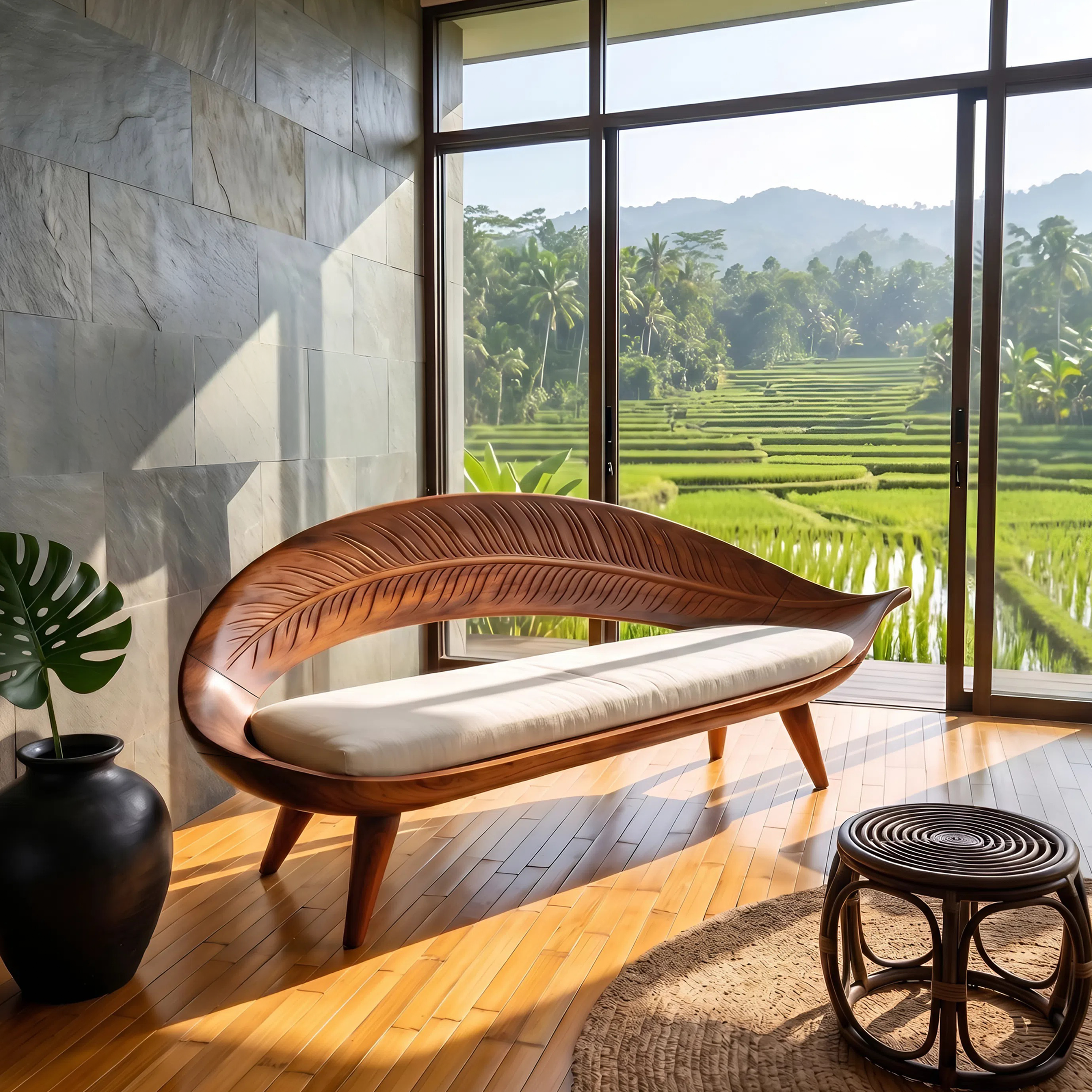 Modern Woven Leaf Shape Bench For Garden Interior Space SILDTTNBEN003