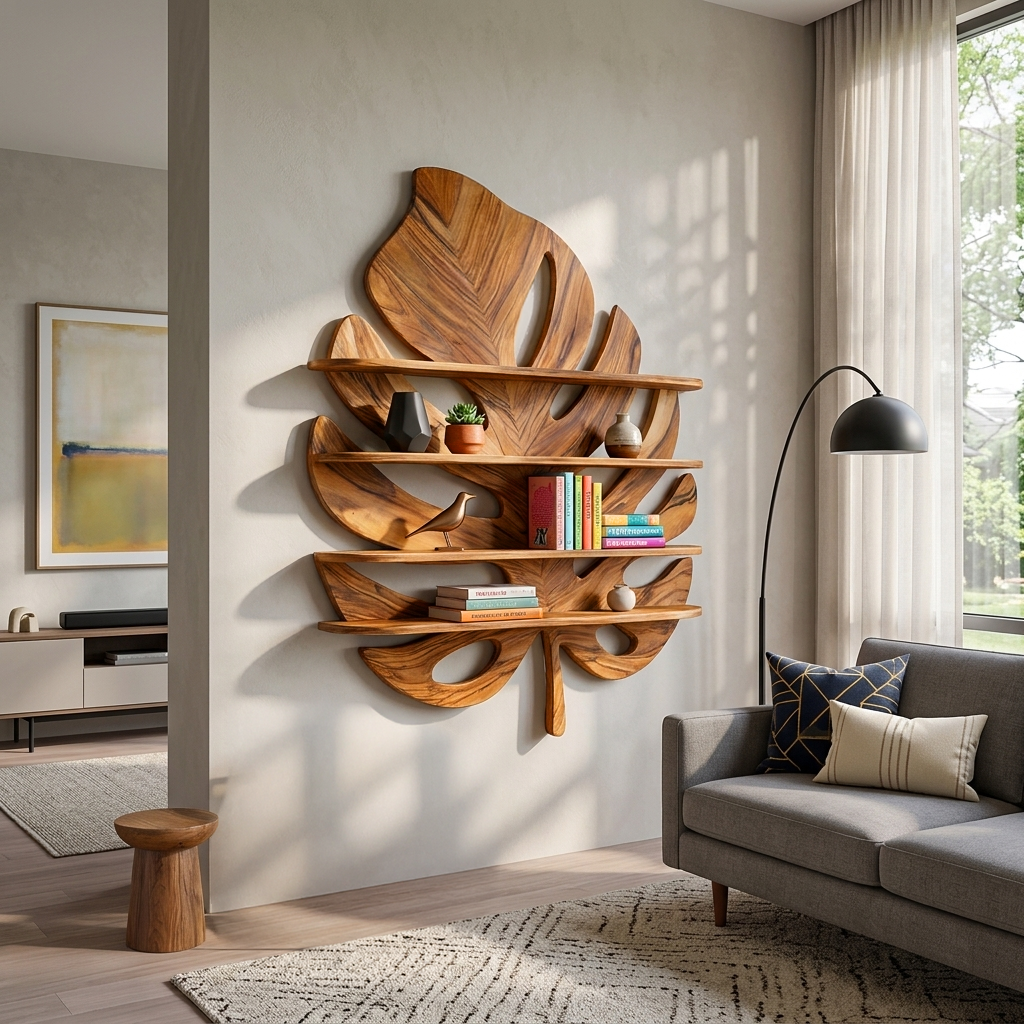 Artistic Wooden Tropical Leaf Wall Mounted Bookshelf For Home Decor RTTHTTBS081