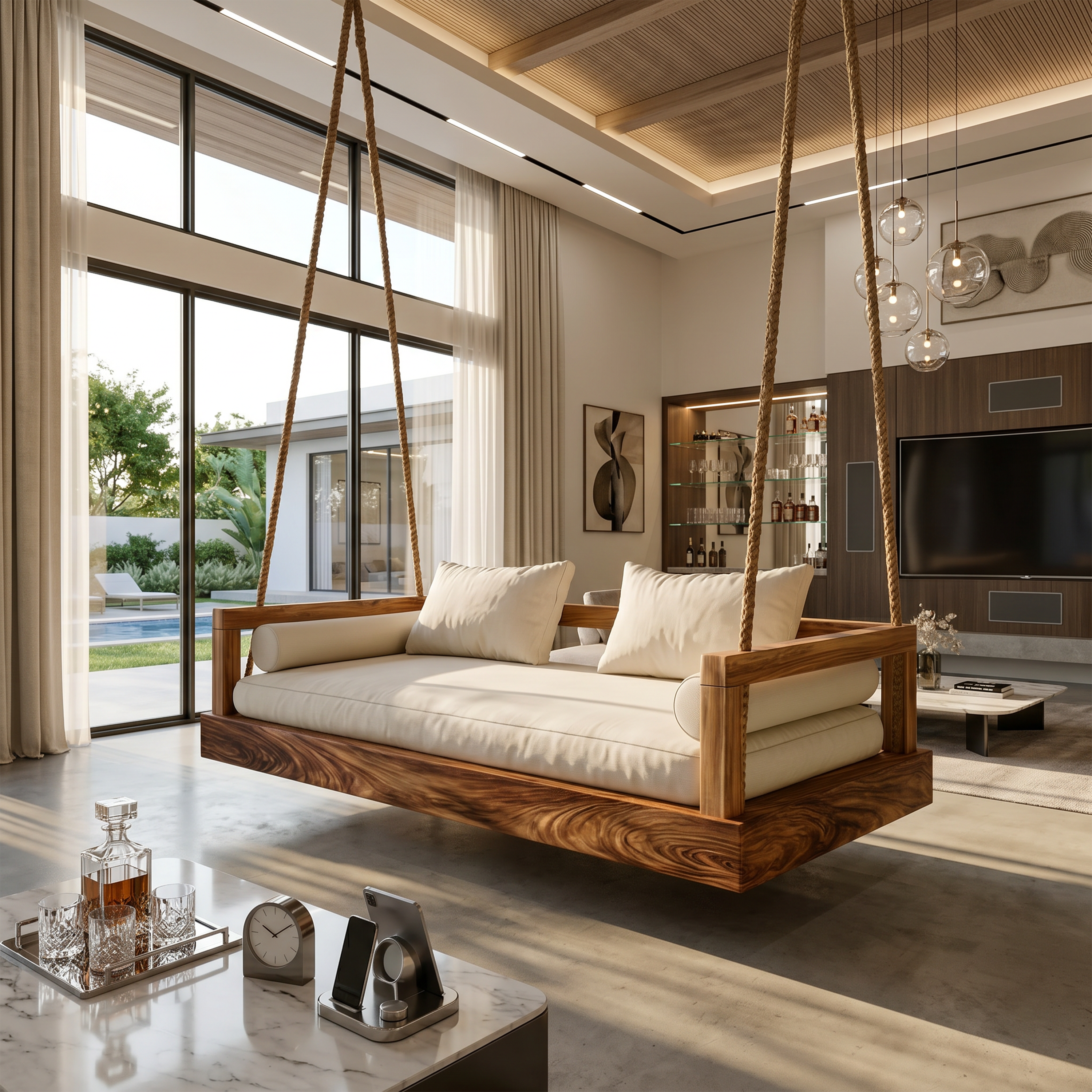 Modern Luxury Wooden Hanging Sofa Swing Contemporary Residence SILDTTRSWI003