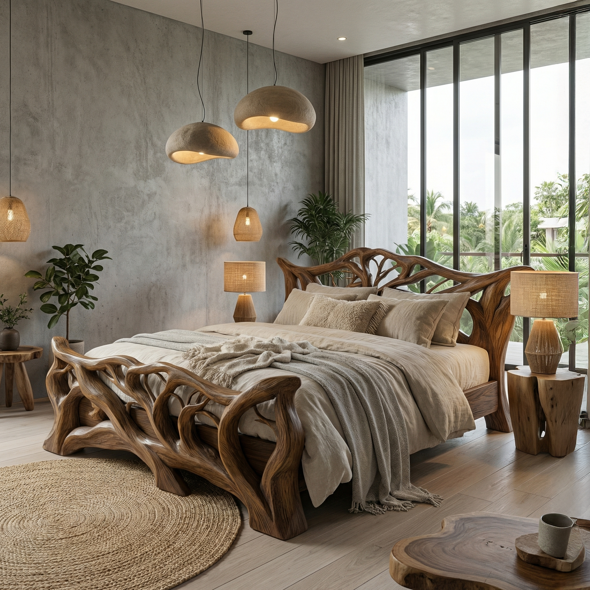 Minimal Organic Bed Frame Solid Wood Smooth Flowing Design Bedroom SINLHAWB114
