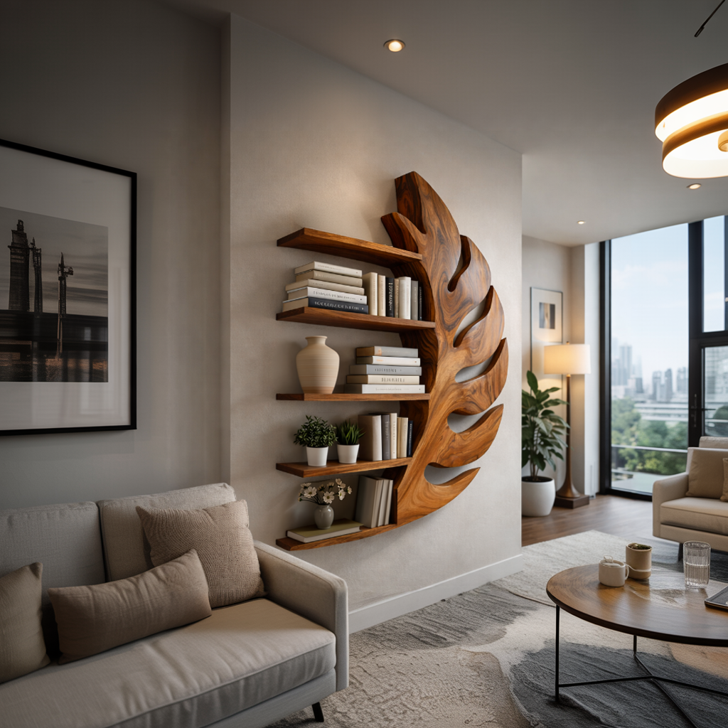 Contemporary Wooden Leaf Shape Floating Bookshelf For Home Decor RTTHTTBS092