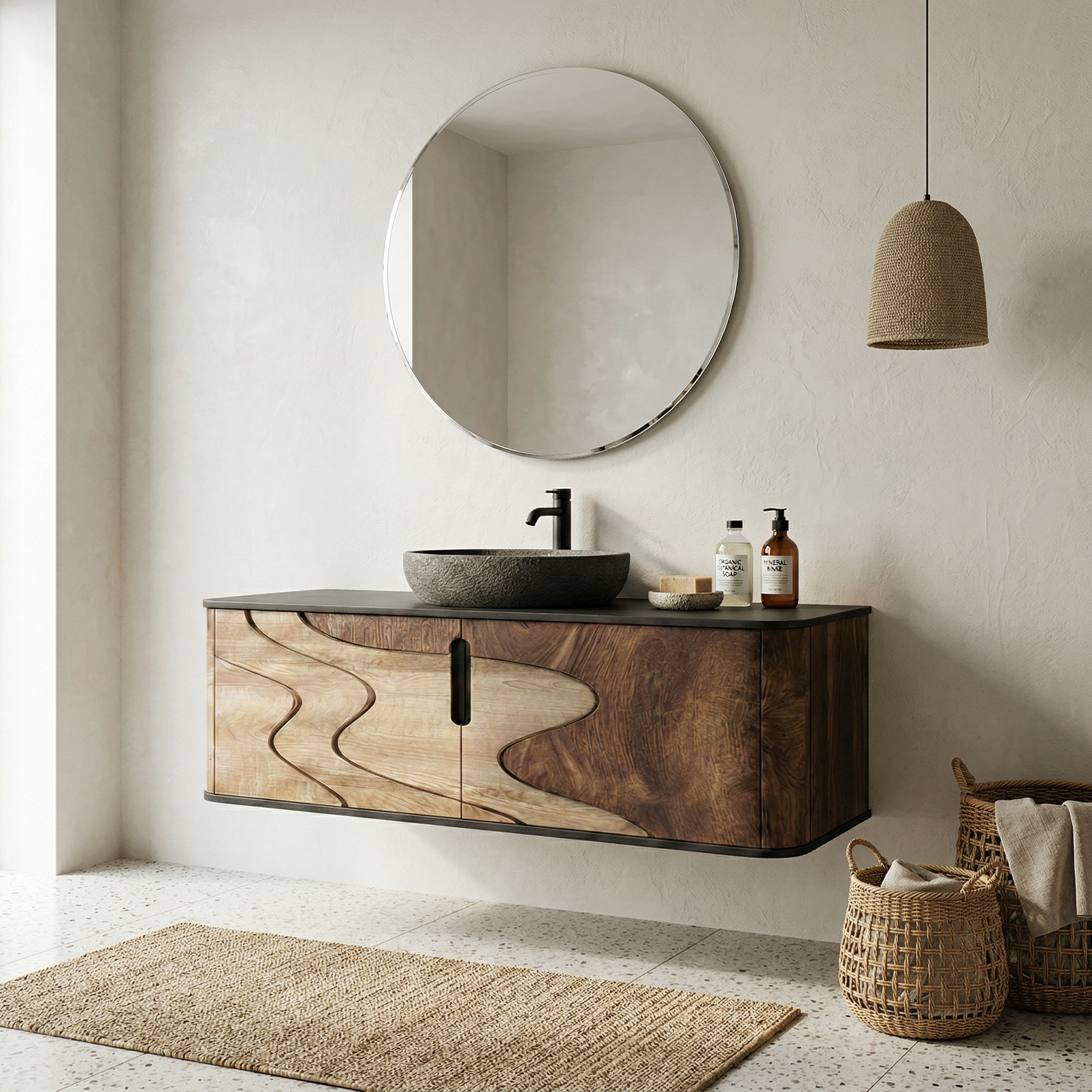 Organic Flow Bathroom Vanity Solid Wood Curved Front Storage Bathroom SINLHABCT018