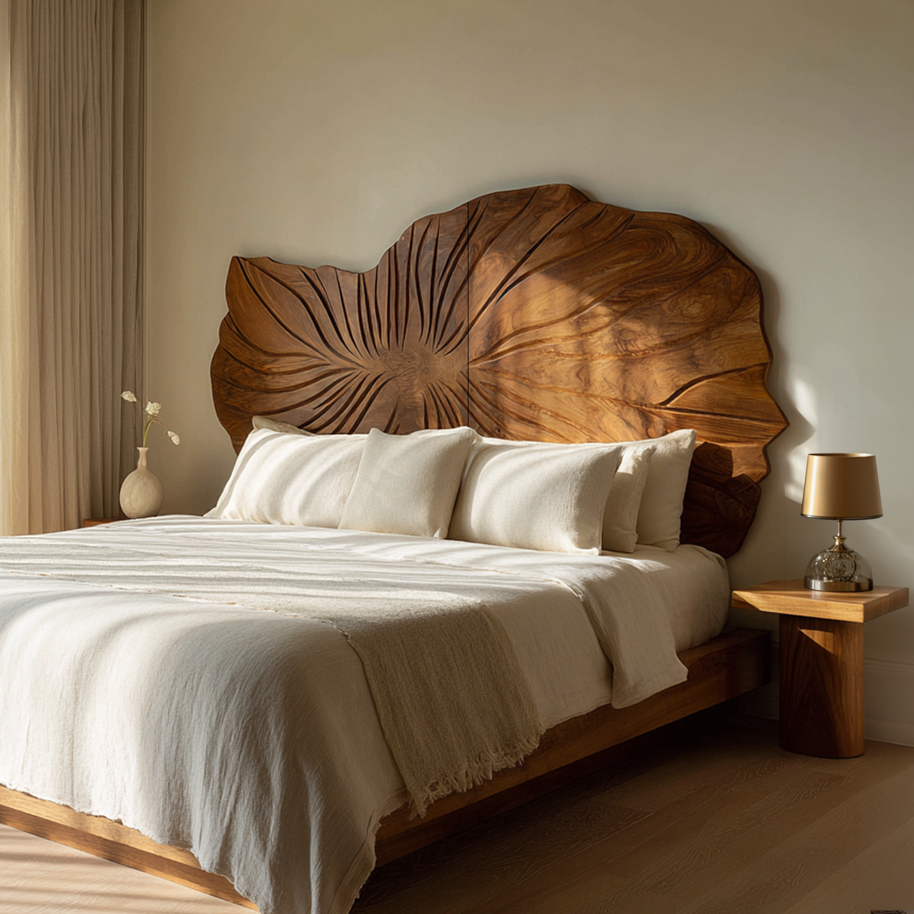Sculptural Leaf Wood Headboard For Contemporary Neutral Bedroom SILDTTRHB009