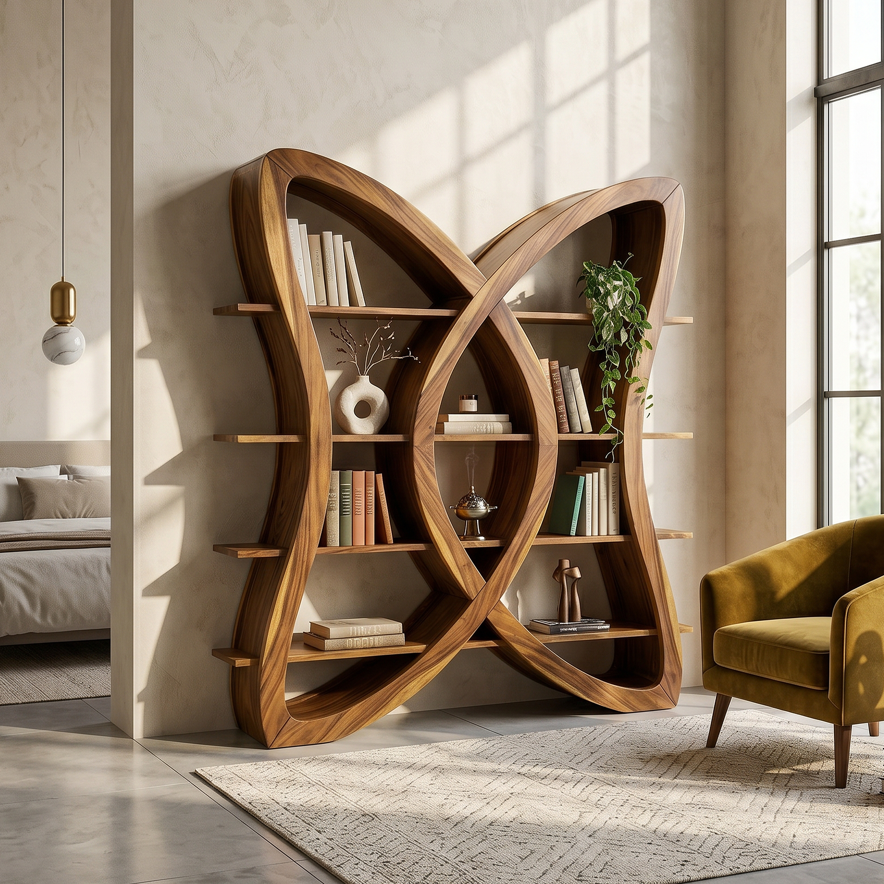 Butterfly Inspired Wooden Bookcase In Organic Style SILDTTRBS037