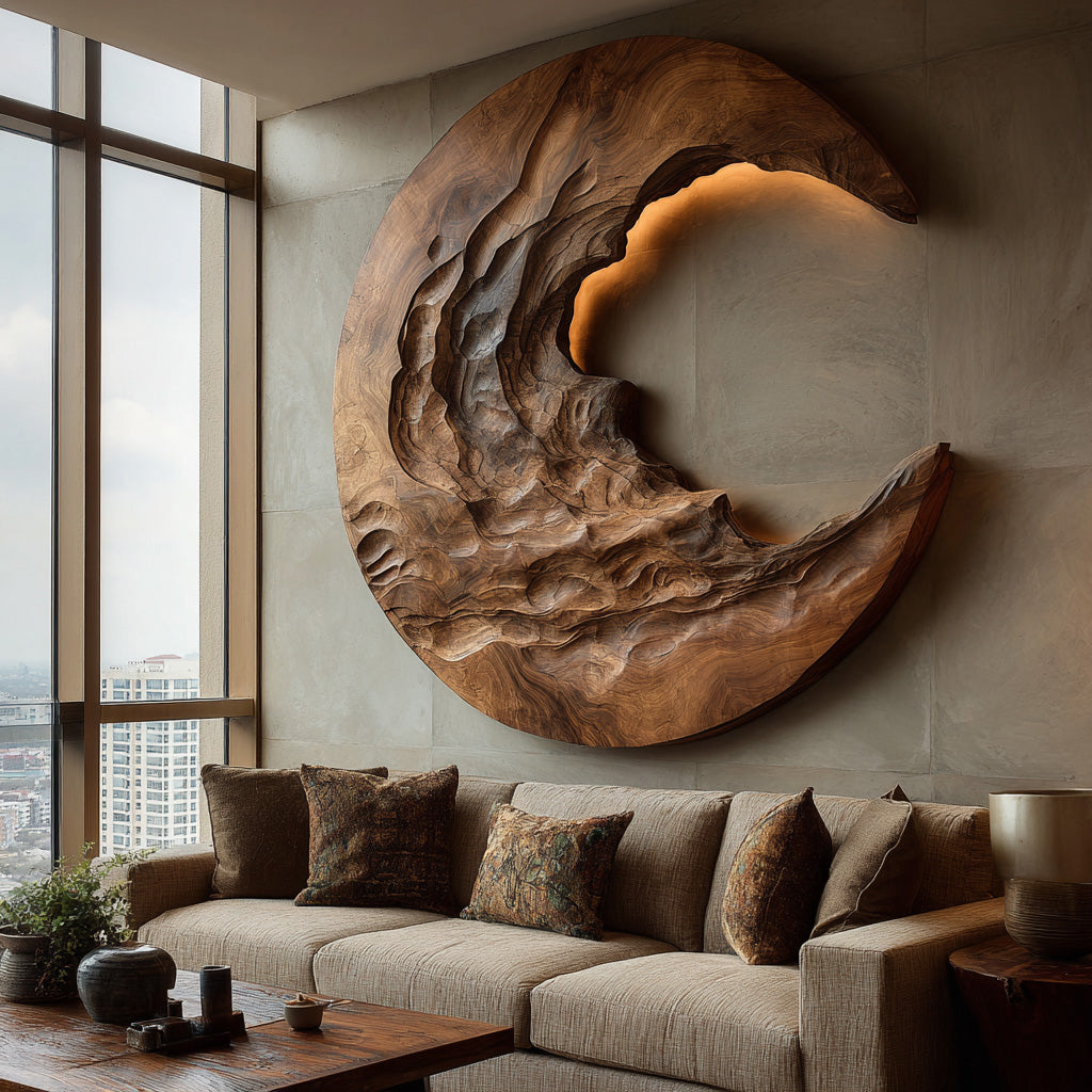 Organic Modern Crescent Wood Wall Art With Light For Living Room RTTHHNWA170
