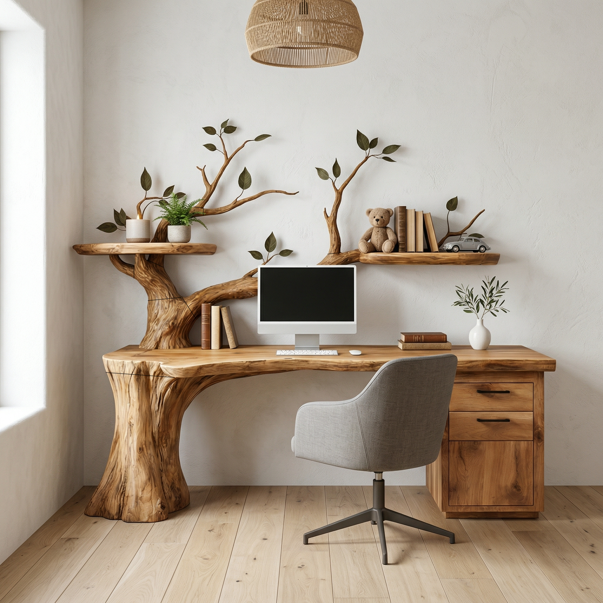 Sculptural Tree Desk With Floating Shelf Natural Branch Design Home Office And Workspace SINLHADK103