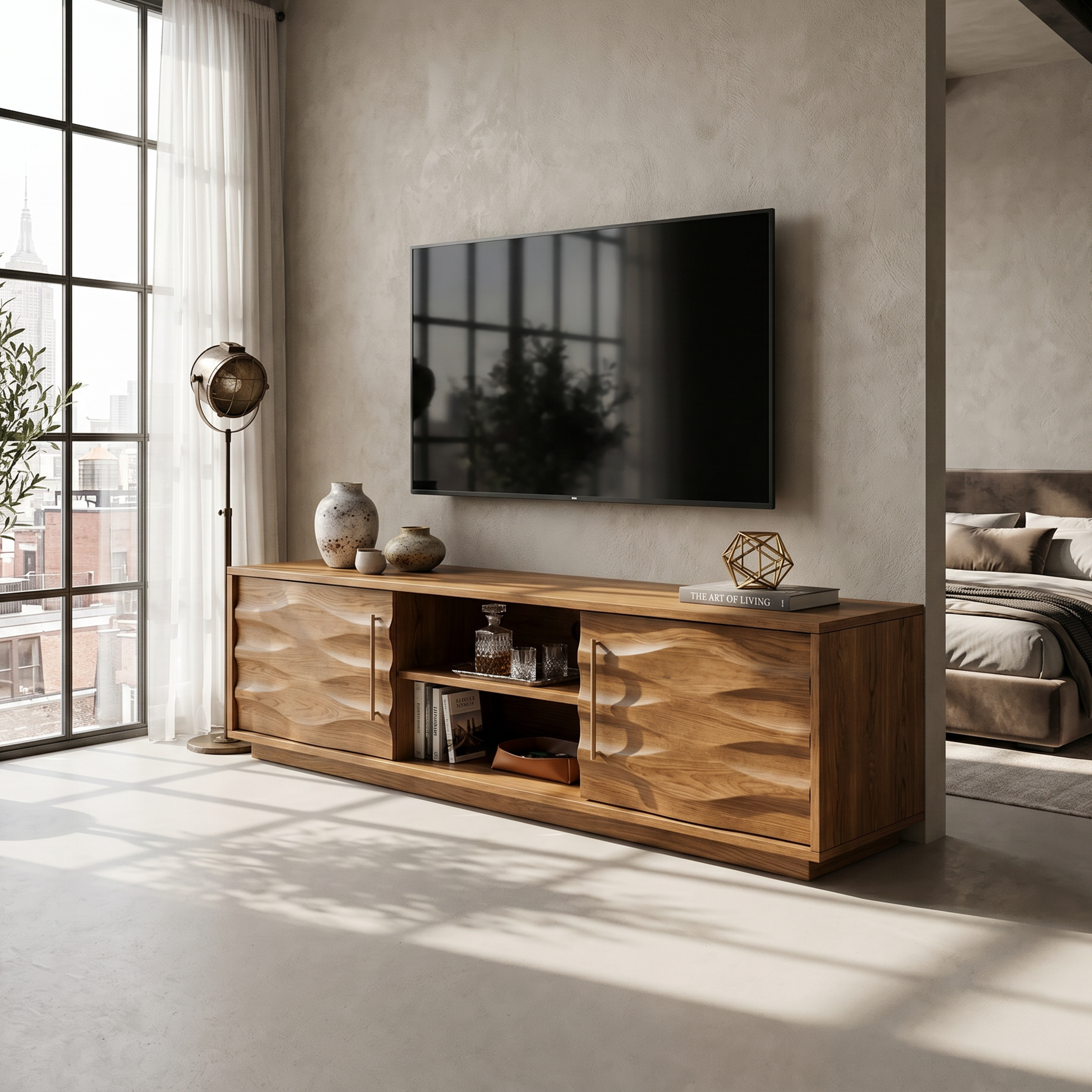 Rustic Curved Media Console For Mediterranean Interior SILDTTRTVC086