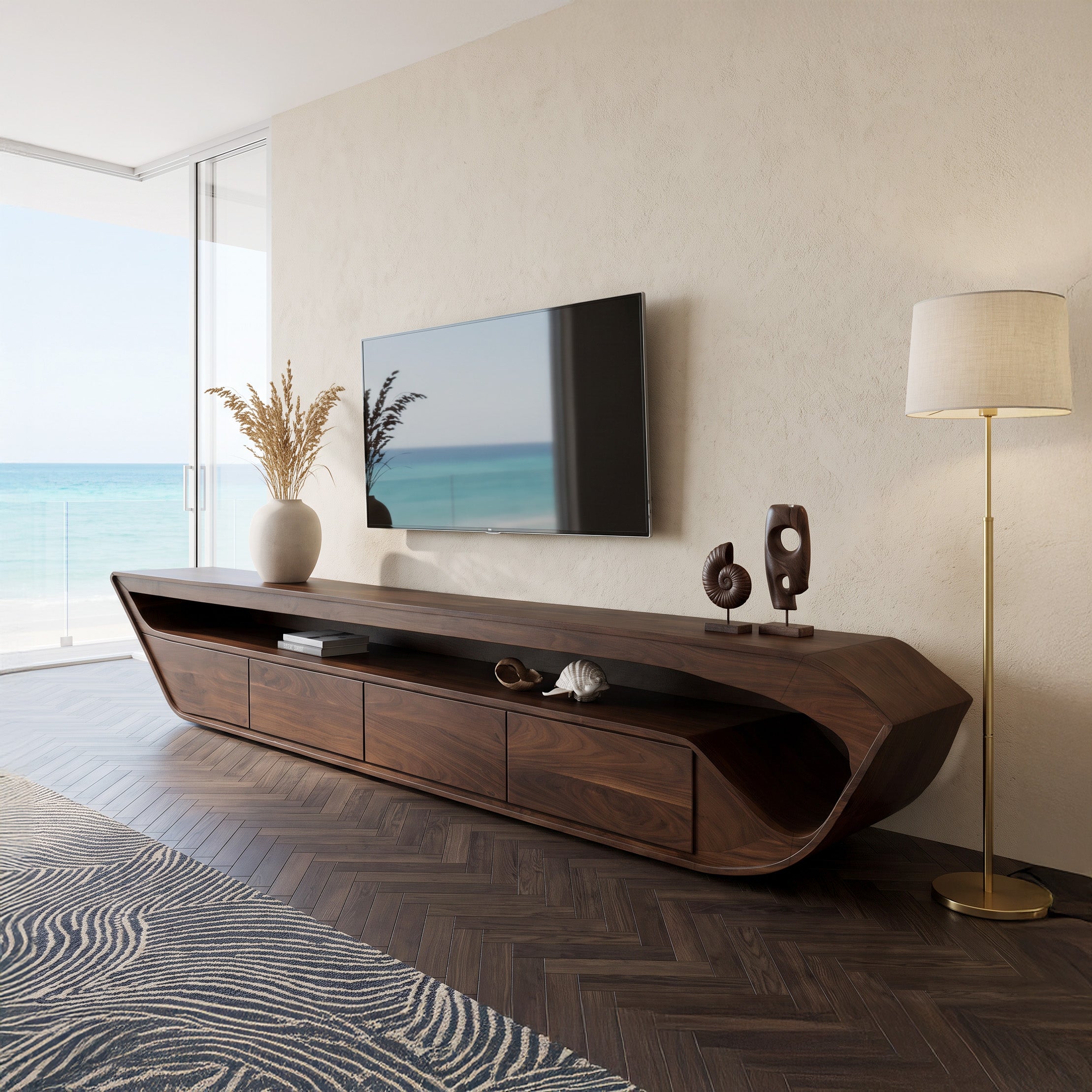 Modern Sculptural TV Console With Drawer For Living Room SITHHNTVC028